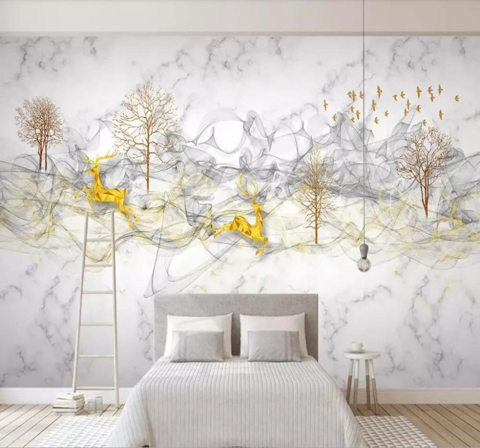 Tzxztt 430Cm×300Cm(B×H) Minimalist Smoke Lines Reindeer White Marble Effect Modern 3D Wallpaper Premium Textured Silk Neutral Tones Material Ideal For Living Room Bedroom-430Cm×300Cm