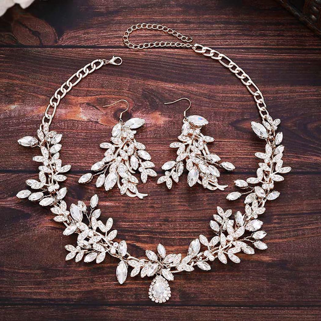 Aukmla Green Crystal Bridal Jewelry Set Gold Rhinestones Wedding Necklaces Earrings Sets Prom Costume Jewelry for Women and Brides - Image 2