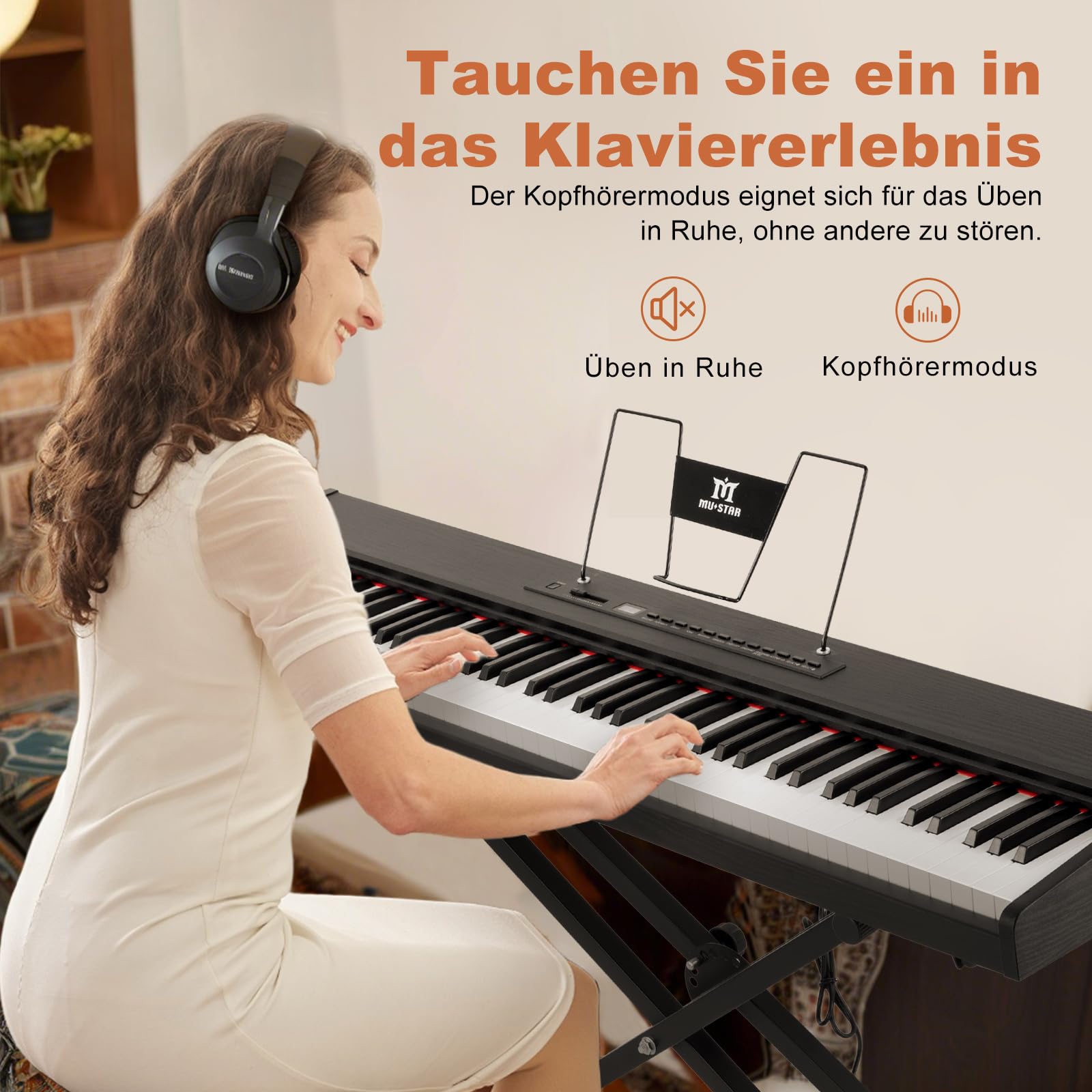 MUSTAR E Piano numérique 88 touches, clavier semi-lesté et Bluetooth, kit portable avec pédale de sustain, support de clavier et sac de transport (noir et banc de piano)