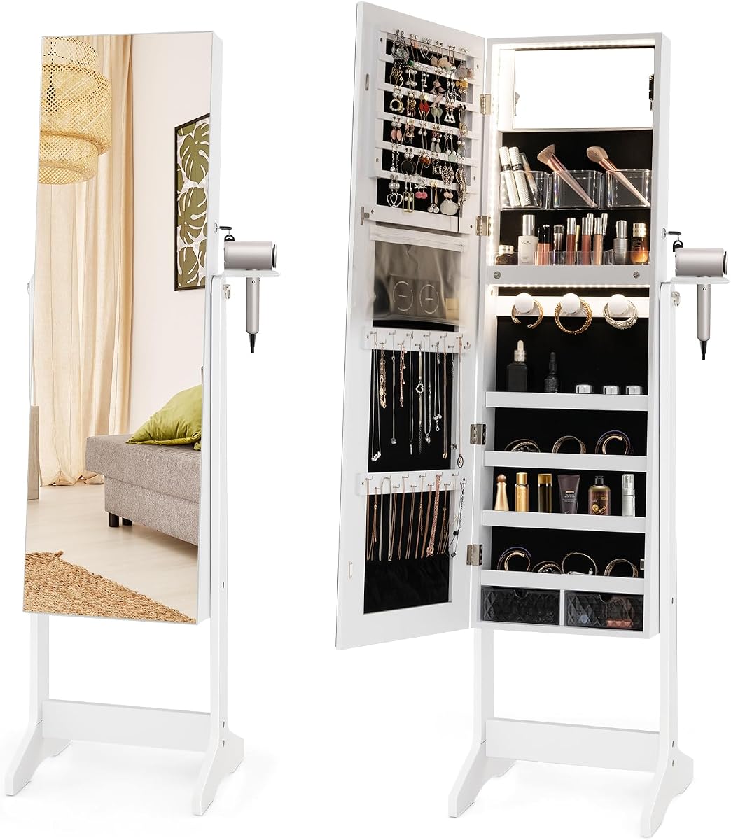COSTWAY LED Mirror Jewelry Cabinet, Standing Jewelry Organizer w/Hairdryer Holder, Full-Length Mirror with Large Jewelry Storage, Lockable Jewelry Armoire for Living Room, Bedroom (White)