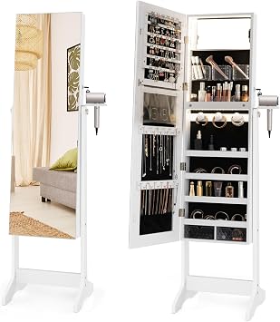 COSTWAY LED Mirror Jewelry Cabinet, Standing Jewelry Organizer w/Hairdryer Holder, Full-Length Mirror with Large Jewelry Storage, Lockable Jewelry Armoire for Living Room, Bedroom White