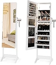 COSTWAY LED Mirror Jewelry Cabinet, Standing Jewelry Organizer w/Hairdryer Holder, Full-Length Mirror with Large Jewelry Storage, Lockable Jewelry Armoire for Living Room, Bedroom (White)