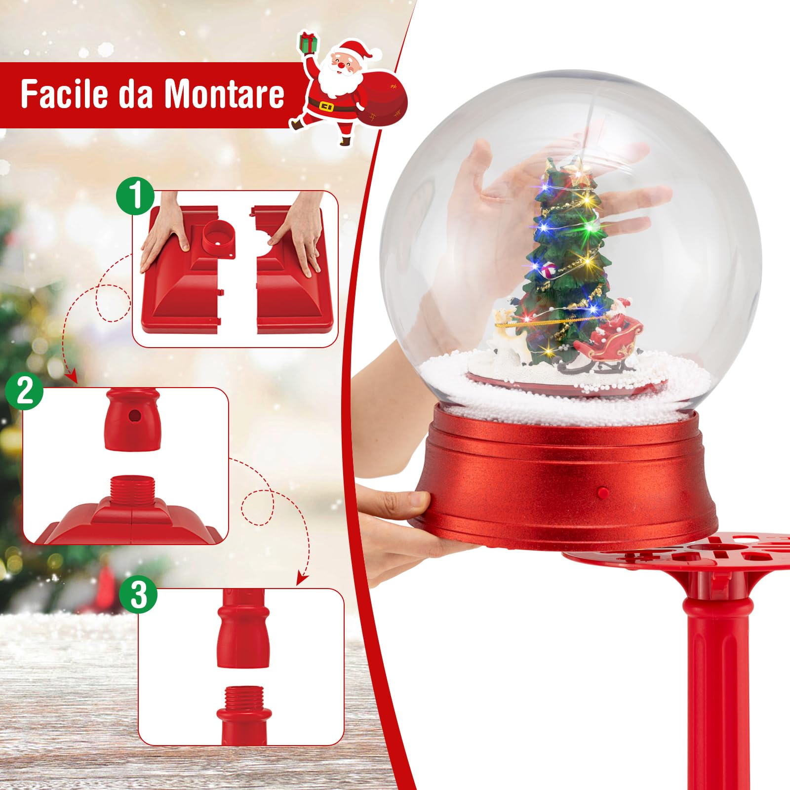 COSTWAY 150 CM Lampione Natalizio Musicale, Lampada Festiva con Lanterna a Globo di Neve Attivata dal Suono, Albero di Natale, Babbo Natale, Soldato e Scatole Regalo (Modello 3)