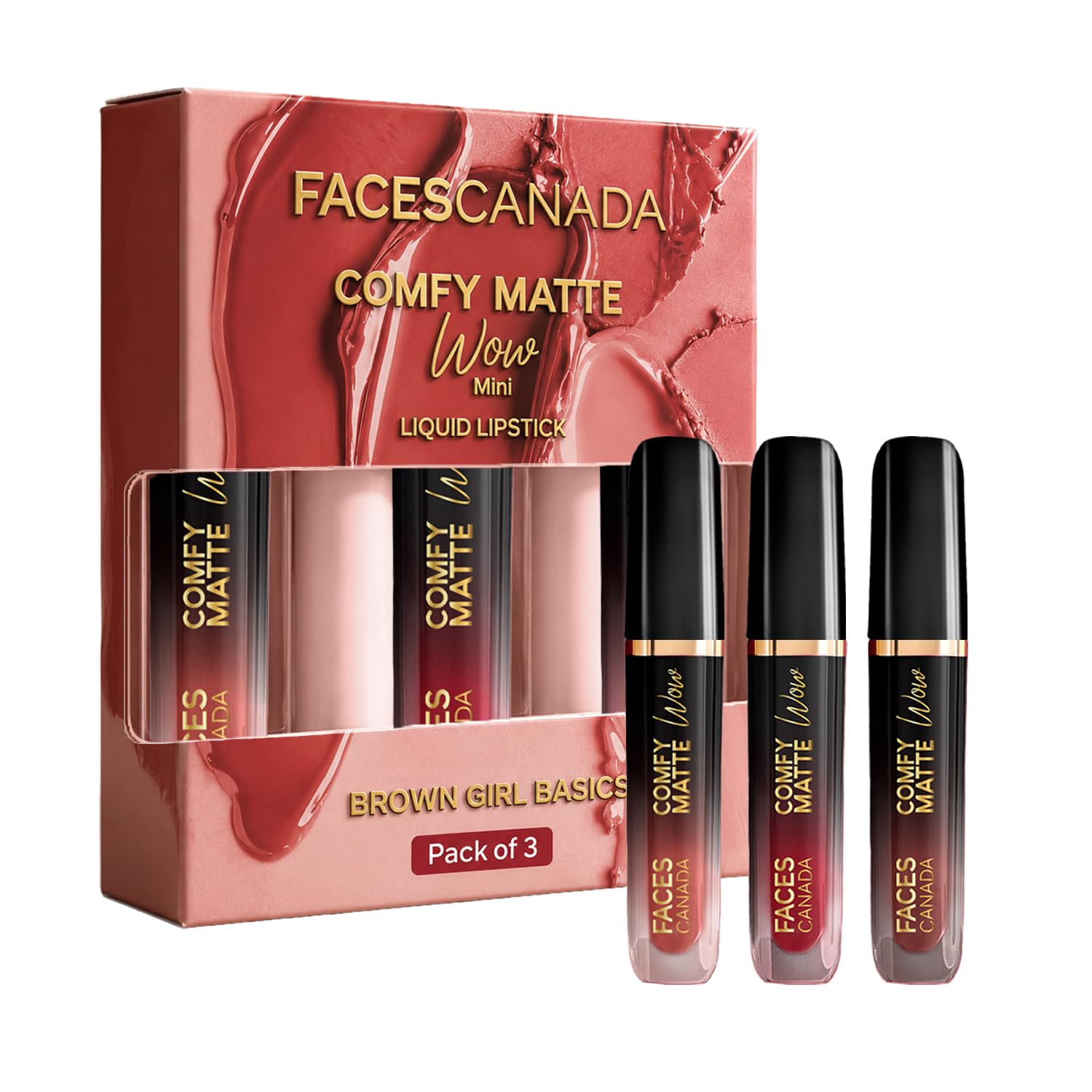 FACES CANADA Comfy Matte Wow Mini Liquid Lipstick - Brown Girl Basics, (2 ml x 3) | Choco Couture + Mauve Majesty + Maroon Maven | One Swipe Application | Highly Pigmented | Comfortable Wear | Long Lasting | Pack of 3-image-1