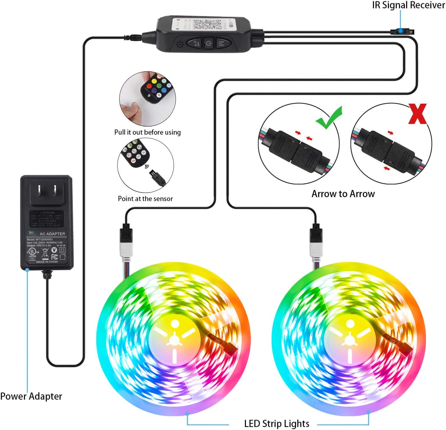 BIHRTC Led Strip Lights 65.6ft Music Sync RGB Color Changing 5050 led Tape Light Strip with Remote Controller Smart Led Rope Lights for Bedroom Home Party Decoration