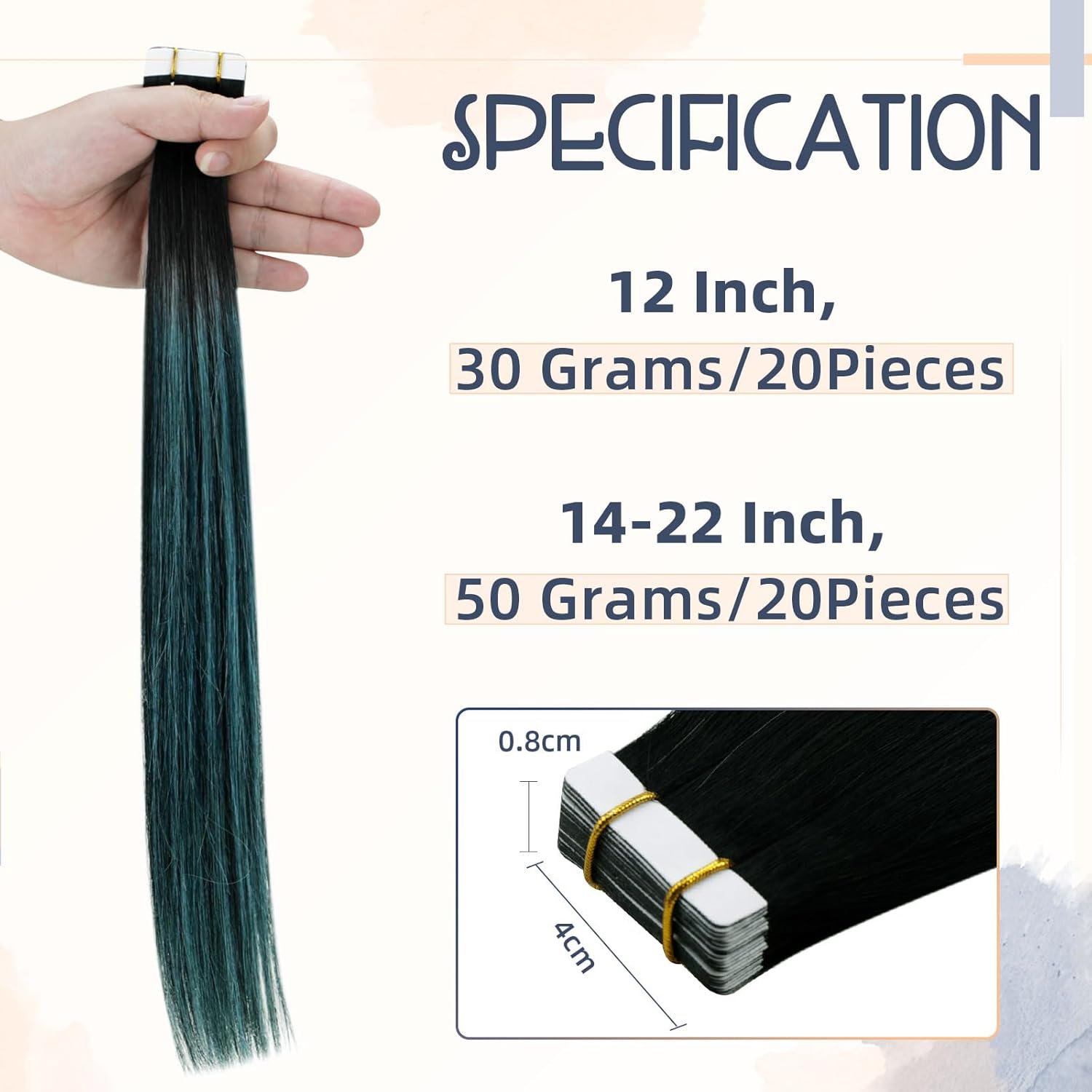RUNATURE Bundles Tape in Hair Extensions Natural Black Human Hair Tape in Extensions Ombre Black to Teal 22 Inch 50g 20pcs
