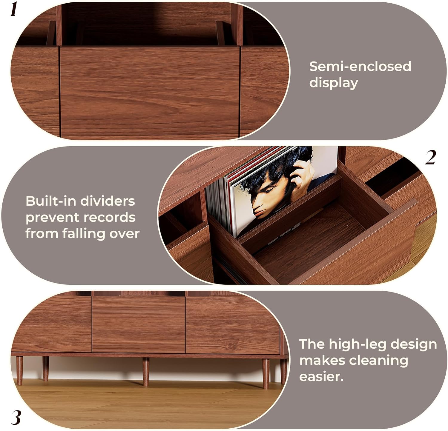 BROTTAR Large Record Player Stand with Vinyl Storage, Record Storage Cabinet, Mid Century Turntable Stand, Vinyl Record Storage Organizer with Shelves for Bedroom, Living Room, Brown