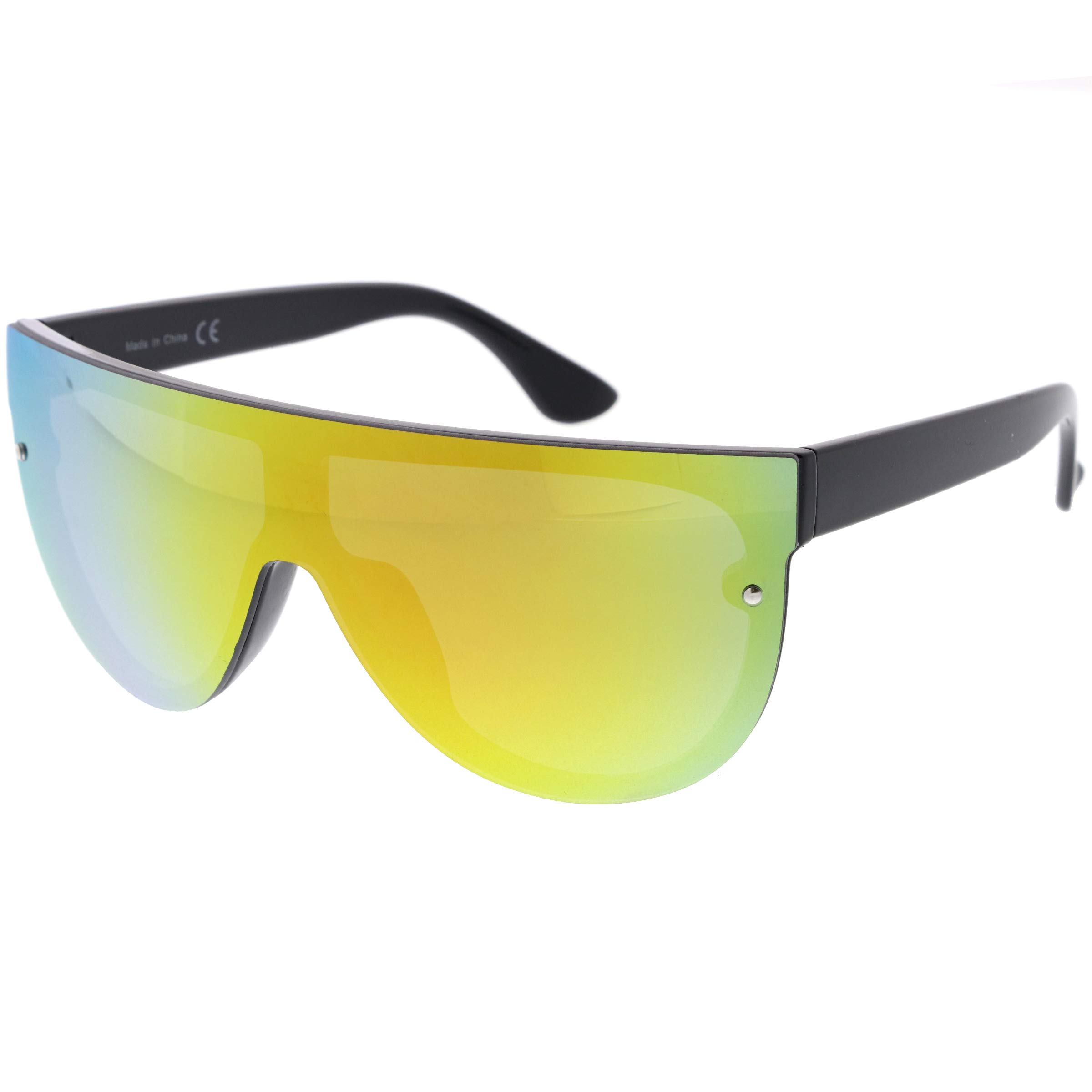 zeroUV - Modern Fashion Flat Top Flash Mirror Shield Plastic Aviator Sunglasses (Black/Sun)