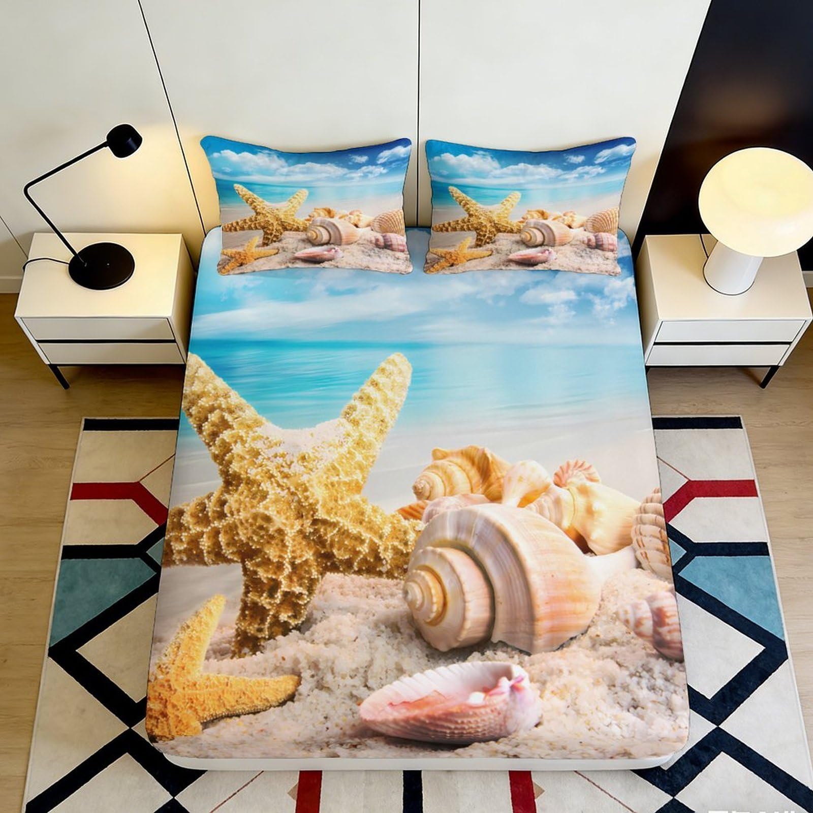 3D Printed Beach Starfish Fitted Sheet Microfiber Soft Ocean Shell Mattress Cover for Bedroom Guest Room Decor 90x200x25cm