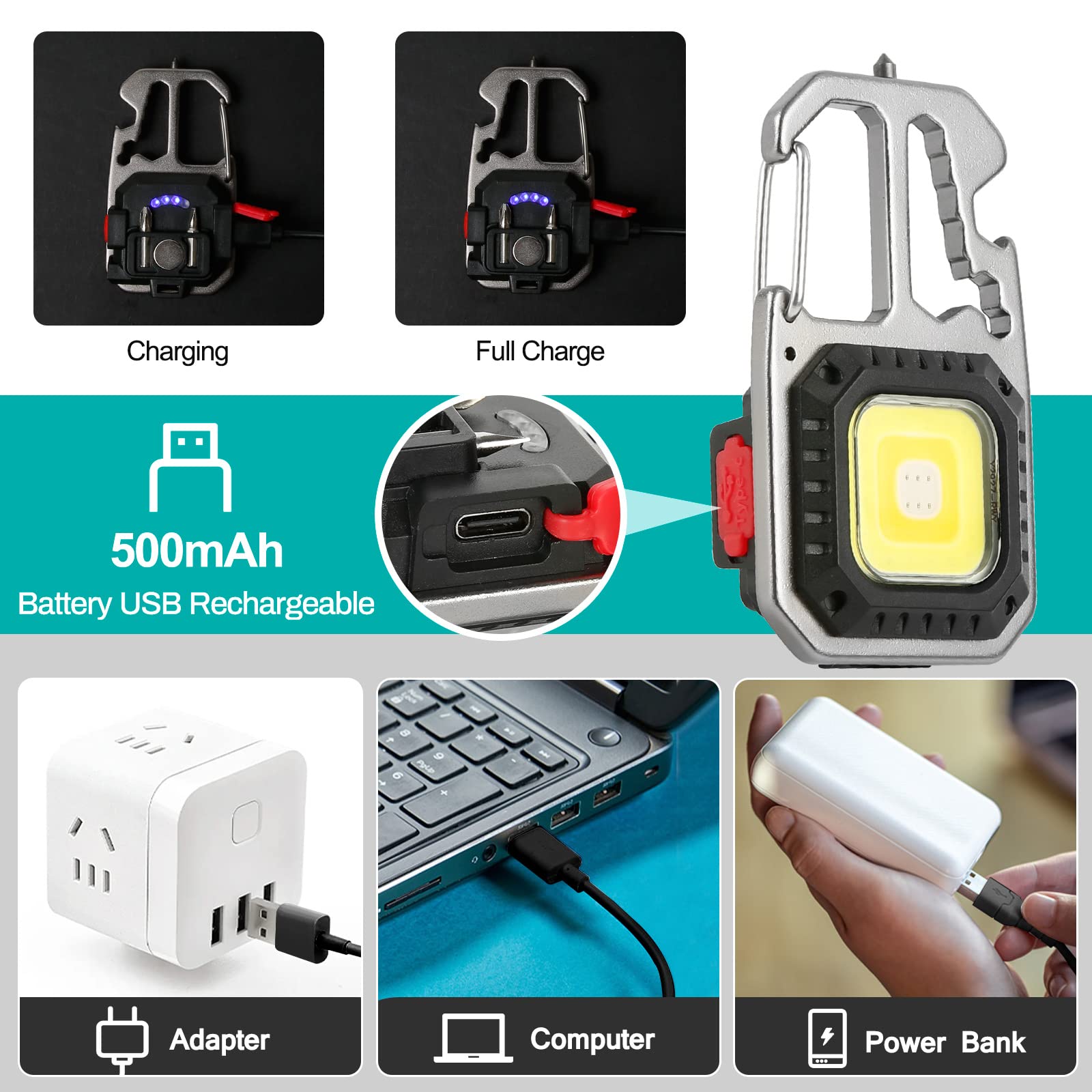Czemo Mini Luce da Lavoro Ricaricabile 800 Lumen LED Lampade di Ispezione Portatile Mini Torcia Portachiavi Luce di Emergenza Multifunzionale Torcia Magnetica per Campeggio Riparazione Emergenza