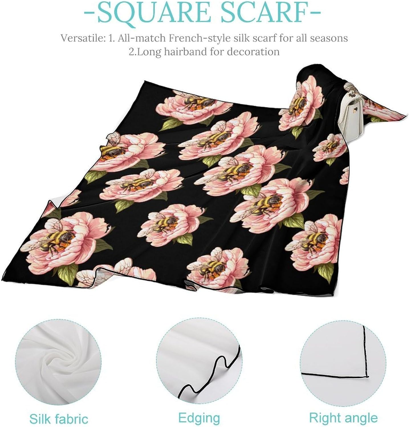 Bees Flowers Bandana Fashion Head Scarf Square Silk Scarf Print Neck Hair Scarfs for Women Men Gifts