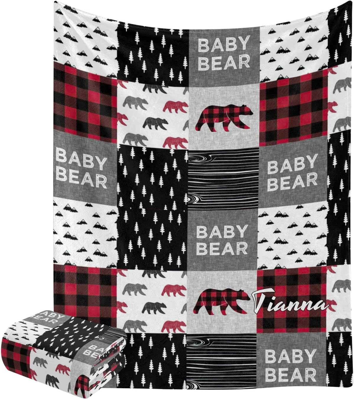 Personalized Baby Bear Patchwork Buffalo Plaid Blanket with Name Text Custom Super Soft Fleece Throw Blankets for Couch Sofa Bed 50 X 60 inches