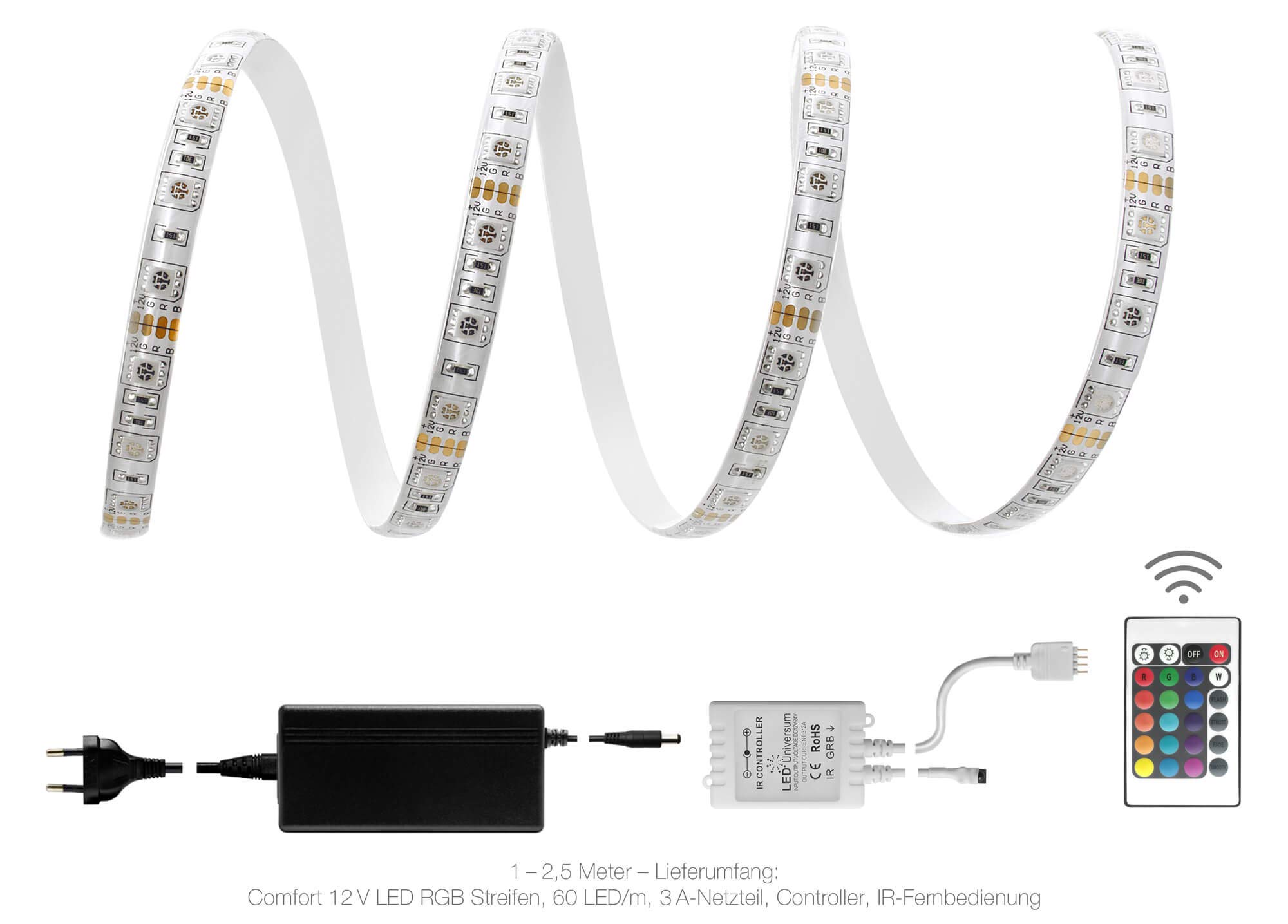 2 m juego Premium RGB LED Tira Luminosa con 60 LED/M (Protección IP65), controlador, mando a distancia de 24 teclas y fuente de alimentación de 3 a