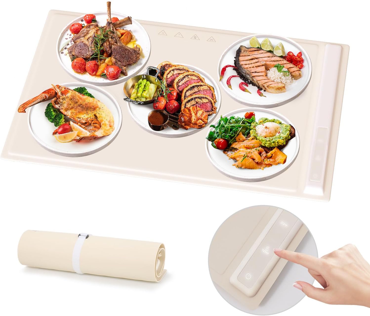 Electric Warming Tray with Adjustable Temperature, Upgraded Silicone Food Warmer Fast Heating, Foldable Food Warmer Hot Plate Placemat for Buffets, Restaurants, House Parties (Beige)