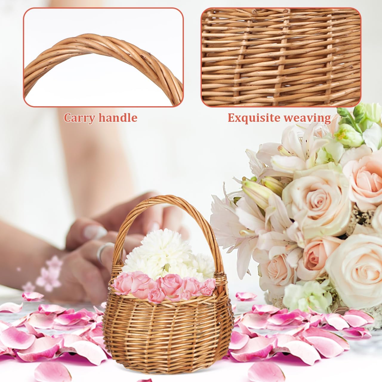 MAGICLULU Wicker Flower Basket with Handle Small Willow Woven Wedding Girl Basket for Candy Picnic Petals Rattan Storage Bin for Home Garden Decor, 8.66 x 6.10In, Light Brown