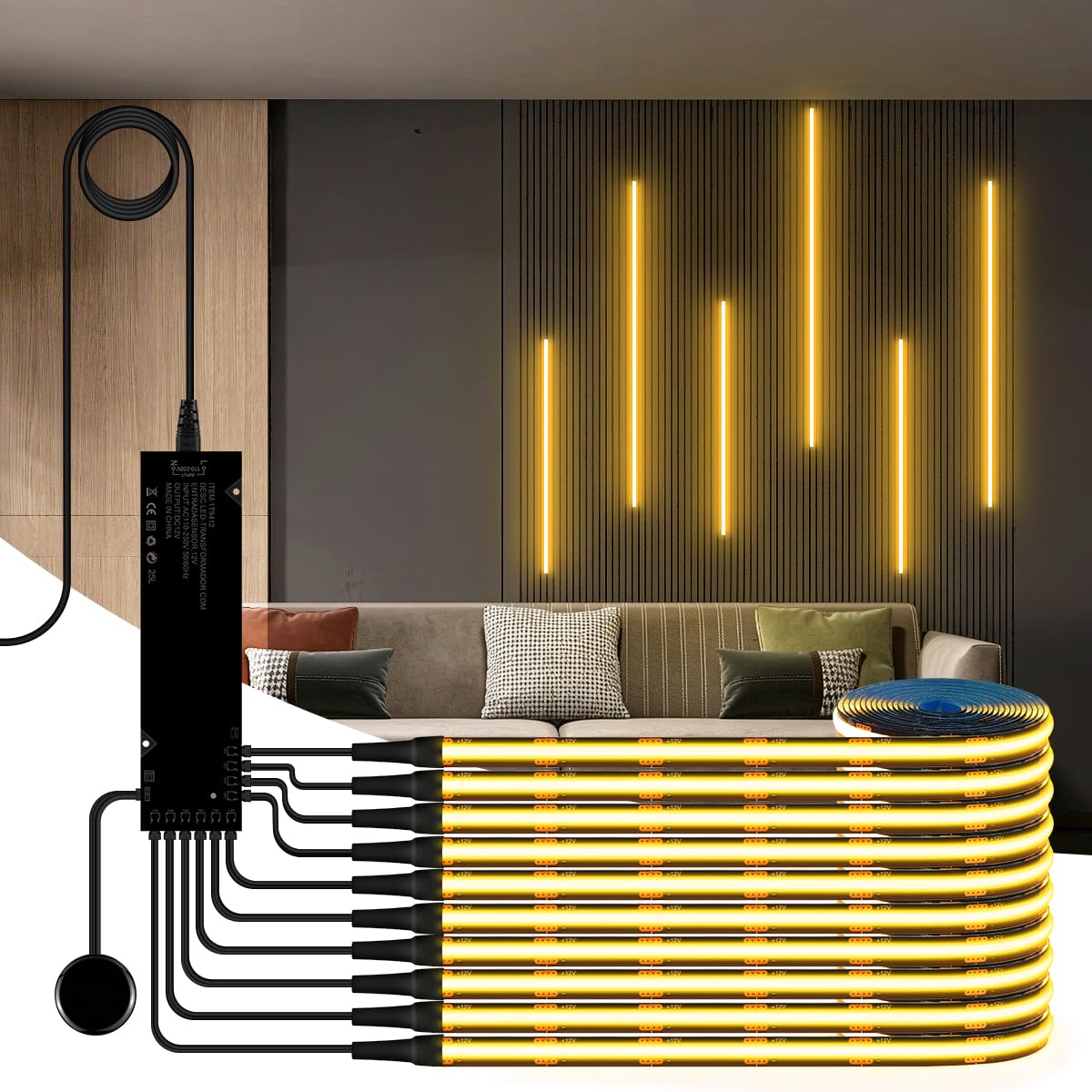 lampada da armadio nera striscia LED COB | 10 pezzi dimmeraggio touch adatto per vetrine scaffali vino e illuminazione pareti di sfondo (luce bianca calda, 3 m)