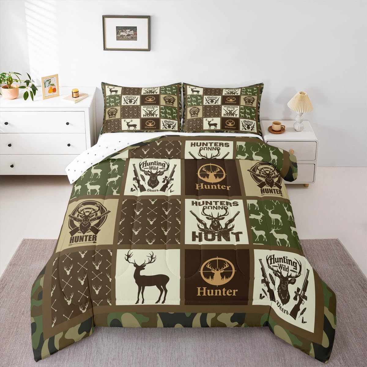 Feelyou Kids Cute Deer Comforter Set Queen Size Deer Hunting Bedding Set for Boys Girls Teens Bedroom Decor Amry Green Antlers Comforter Women Men Western Farmhouse Duvet Set with 2 Pillow Case