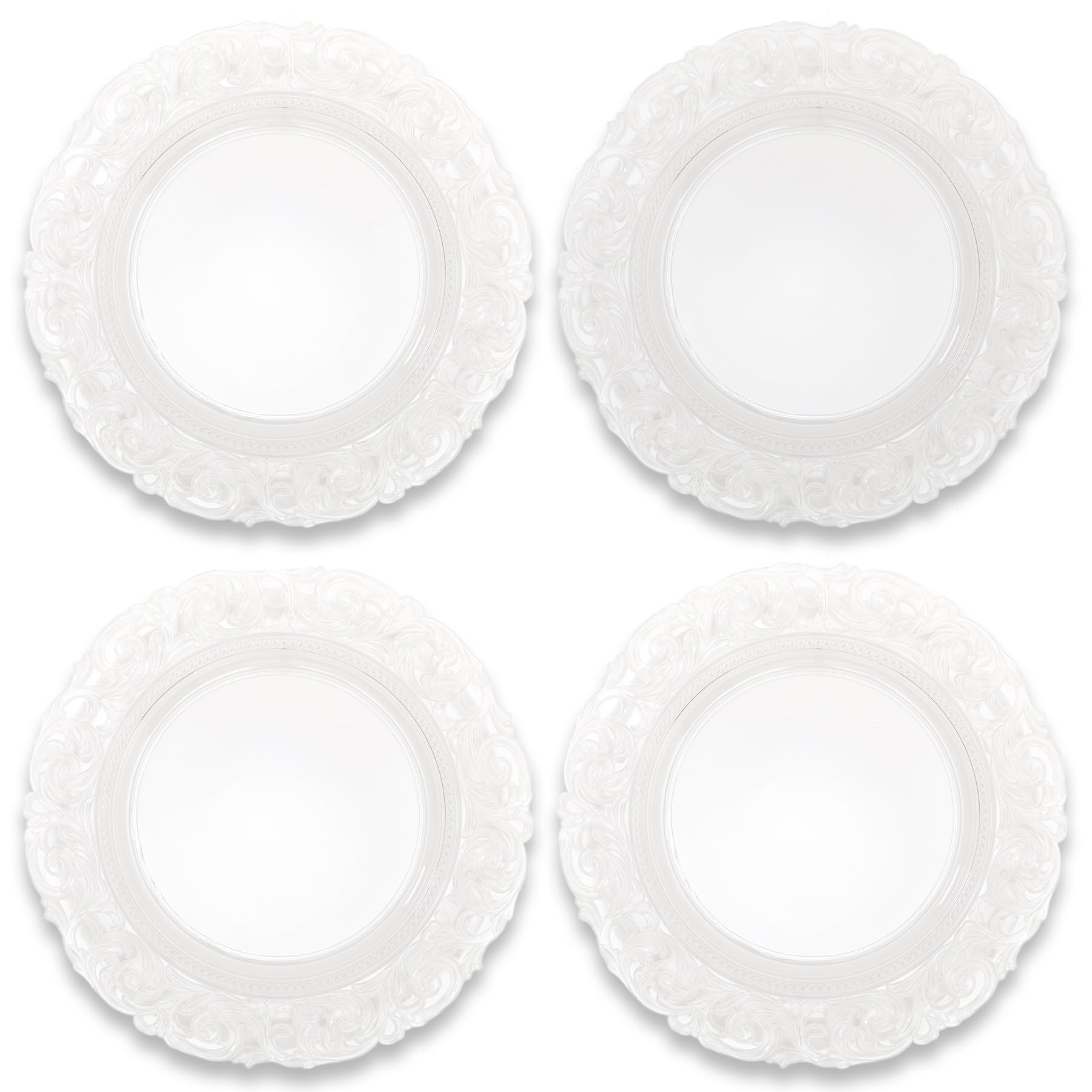 Set 4 Sottopiatti Rotondi Trasparenti | in Plastica Rigida Ø 33 cm | Design Ornato Barocco, Sottopiatto Elegante per Matrimonio, Natale ed Eventi Speciali | Decorazione Tavola (Ø 33 cm, 4)
