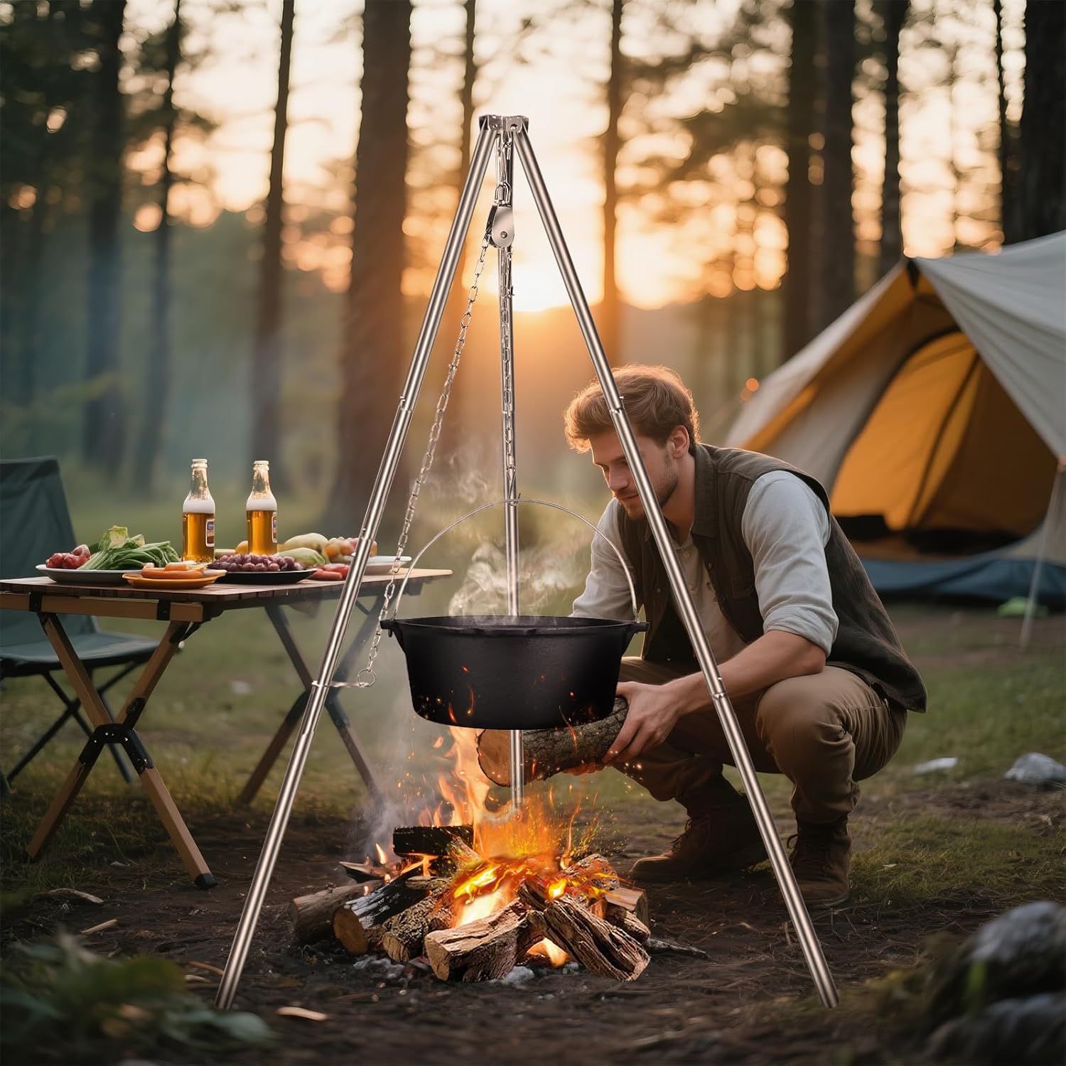 Lineslife Campfire Tripod for Cooking, 44 Inch Lightweight Stainless Steel Adjustable Camping Tripod with Chain, Portable Folding Stand for Grill Dutch Oven BBQ & Outdoor Camping - Carry Bag