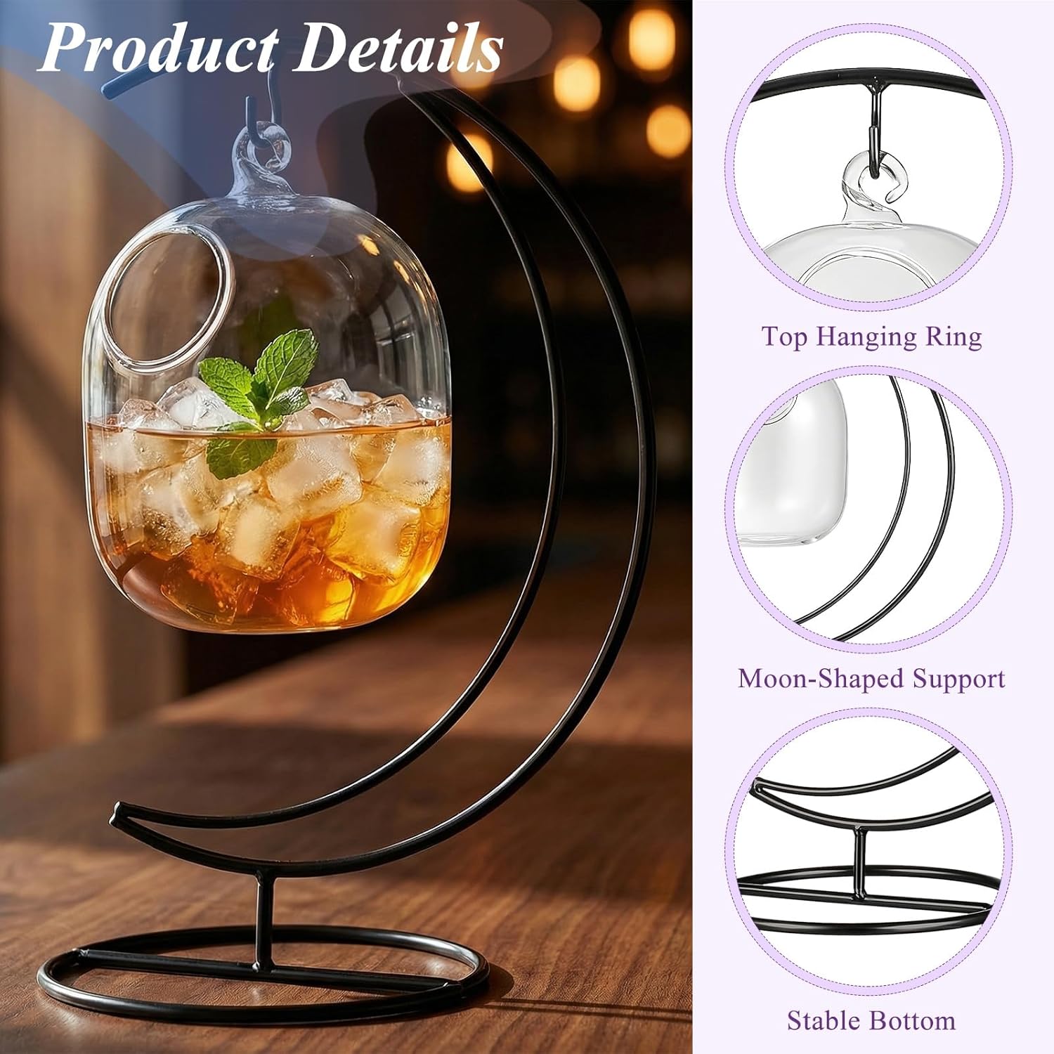 Cabilock Creative Cocktail Glass Bottle Glasses with Wrought Iron Stand, Clear Wine Beverage Hanging Rack, Bar Drink Cup ware for KTV Home Bar