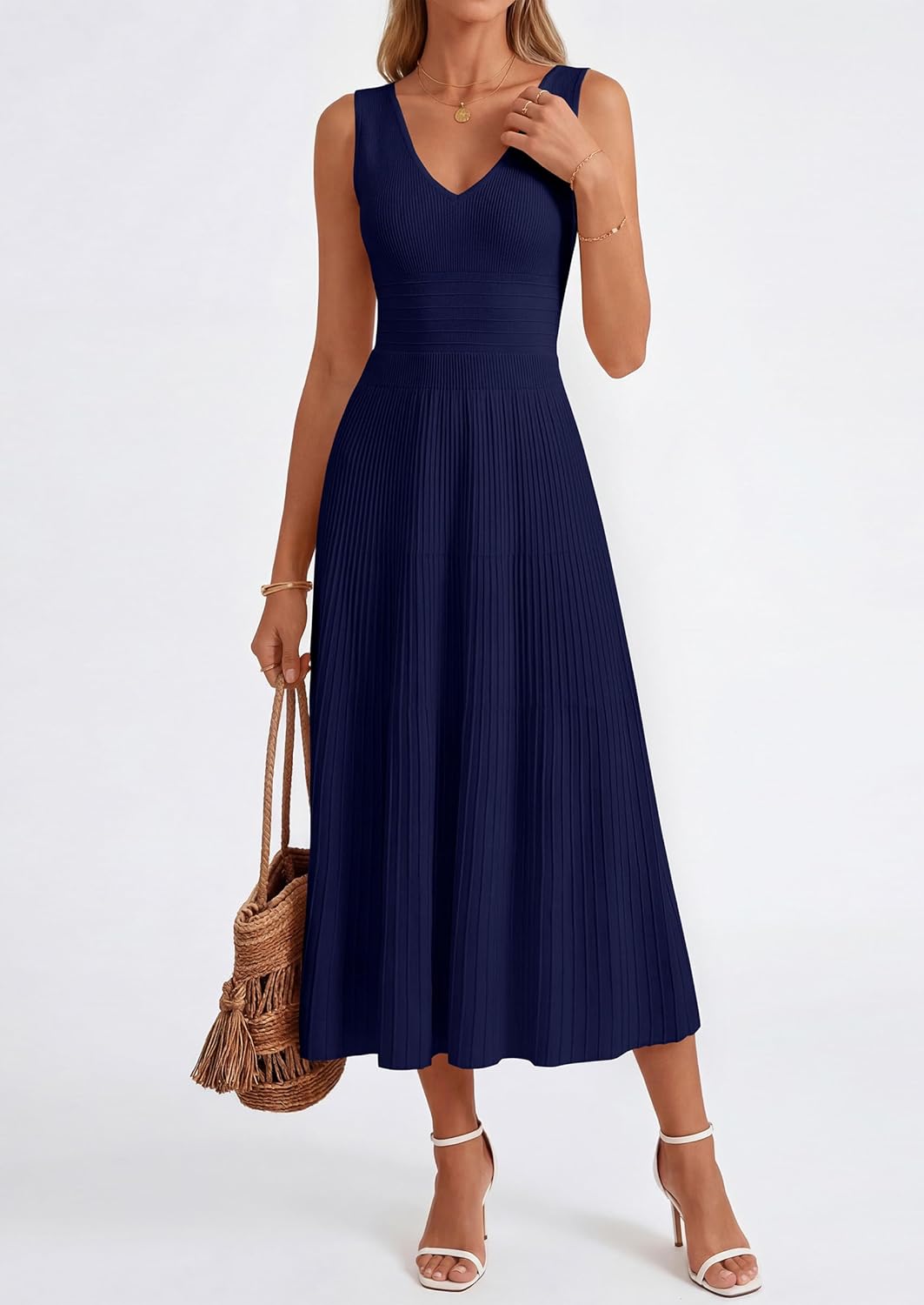 PRETTYGARDEN Summer Dresses for Women 2026 Spring Sleeveless V Neck Knit A Line Casual Midi Cocktail Wedding Guest Dress - Image 8