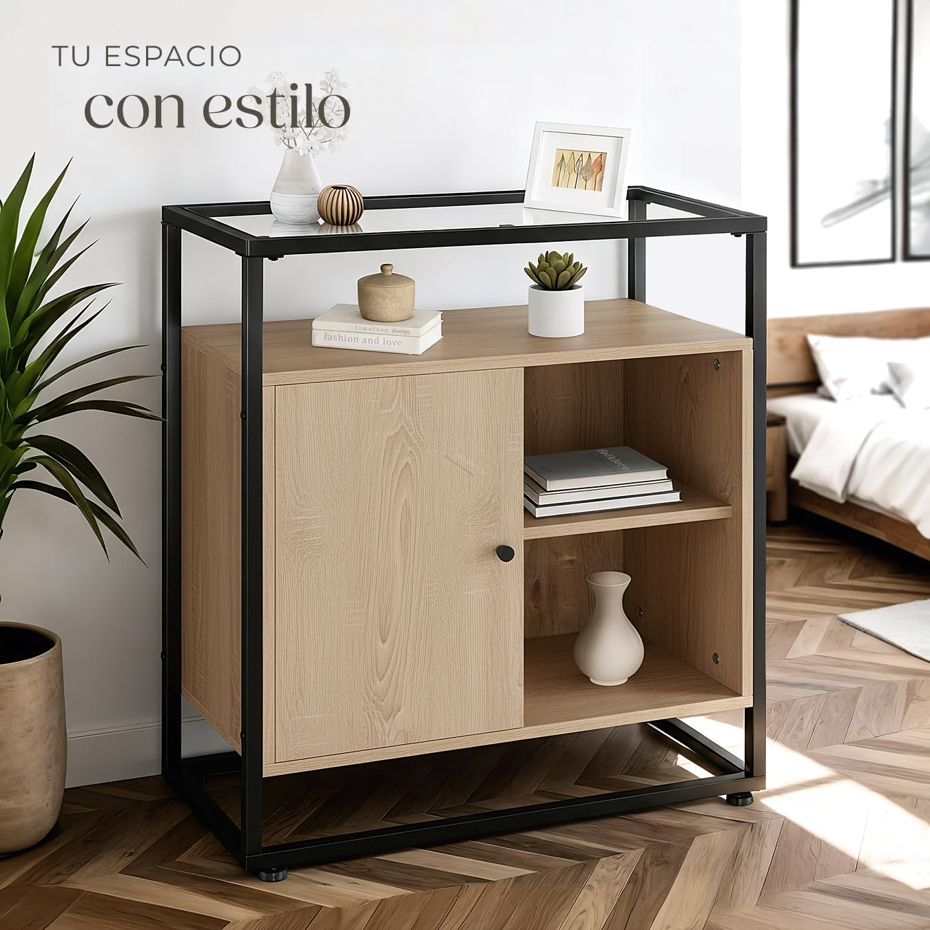 tectake® Mesa Auxiliar con Armario Magnético y Estantes, Recibidores de Entrada, Estanteria Baño, Mueble Baño, Mueble Recibidor, Aparador - 70 x 38 x 80,5 cm Madera Industrial Clara, Roble Sonoma