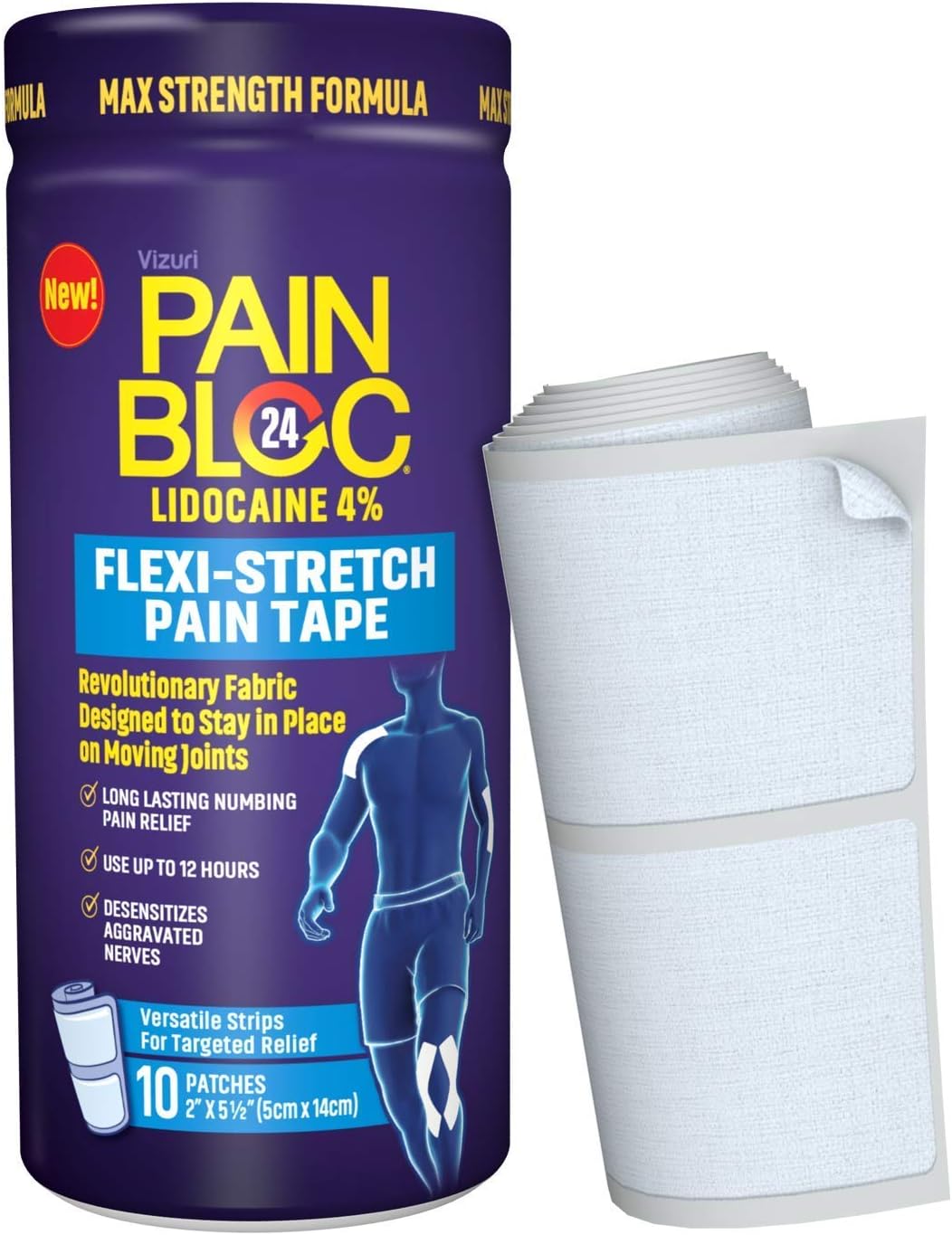PainBloc24 Flexi-Stretch, Lidocaine 4% Pain Patch, OTC Maximum Strength Lidocaine Patches for Numbing Pain Relief for Knee, Back, Neck, Shoulder, Elbow Pain, 10 Patches : Health & Household