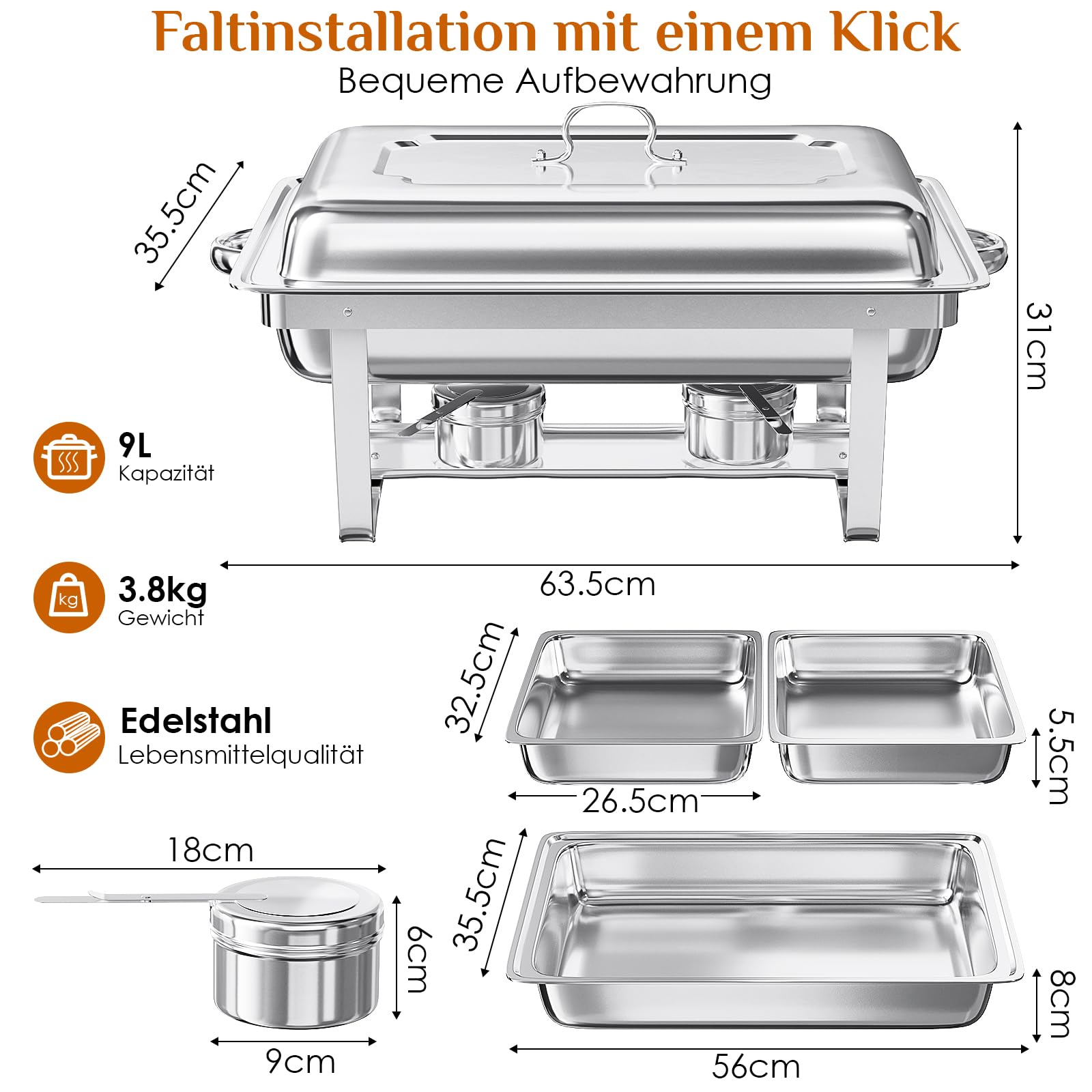 TLGREEN 2 Pezzi Set Buffet Scaldavivande 2X9L, 4 Contenitori GN 1/2, Chafing Dish Buffet in Acciaio Inox, Piastra Scaldavivande per Catering, Matrimoni, cene, Buffet, Feste di Natale e Scuole.