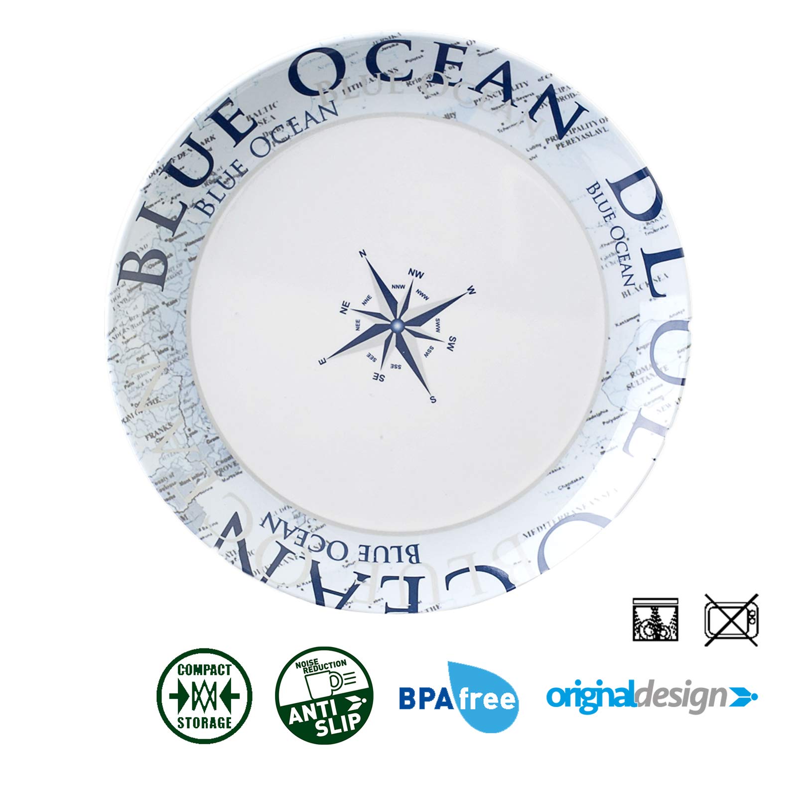 BRUNNER Melamin-Geschirr Campinggeschirr (12 Teilig) BLUE OCEAN MIDDAY | Antislip (Antirutsch), 4 Personen, Leicht, Bruchfest, Teller & Schüsseln, Wohnmobil Wohnwagen & Boot & Grill + Picknick