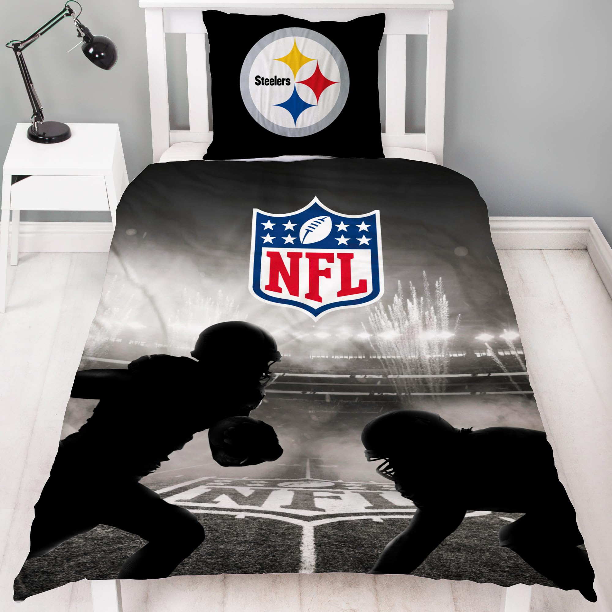 NFL Bettwäsche Pittsburgh Steelers 135 x 200 cm + 80 x 80 cm 100% Baumwolle in Renforcé-Linon-Qualität Reißverschluss American Football Fan Super Bowl Steely McBeam Wende-Bezug deutsche Größe
