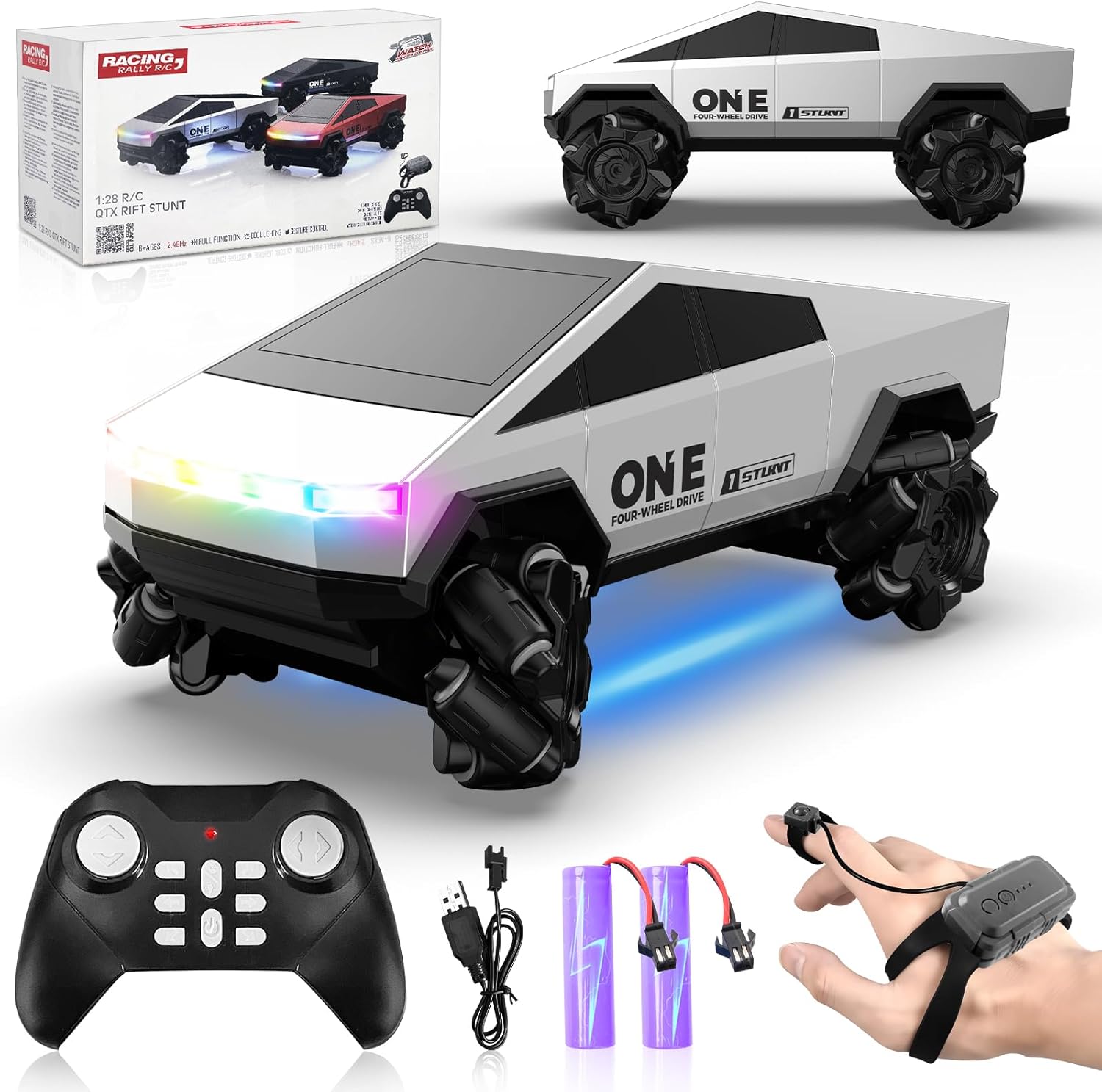 Remote Control Car, RC Stunt Car 2.4Ghz 4WD RC Cars 360°Rotating All Terrain High Speed Monster Truck Toys with Light, 2 Batteries Off-Road Electric Vehicle Toys for Kids Boys Girl