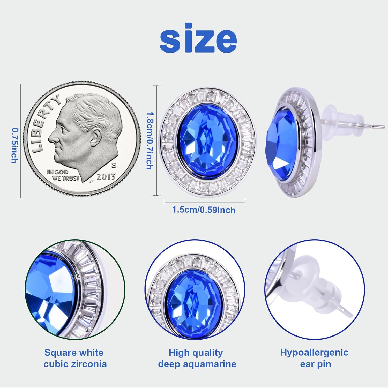 Cubic Zirconia Earrings Studs for Women Oval Shaped with Blue and White Crystal Aquamarine Jewelry - Image 5