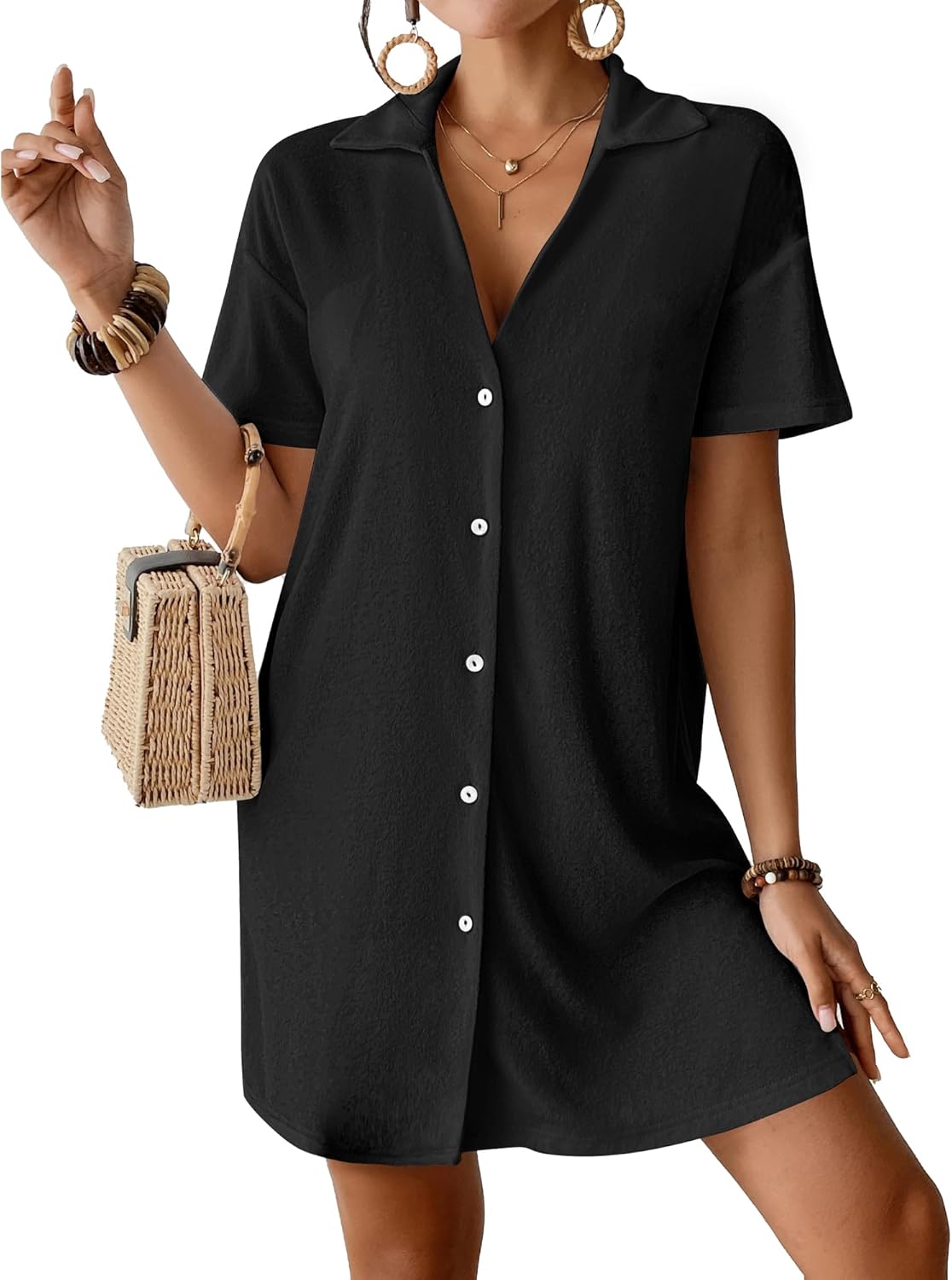 Bsubseach Terry Cloth Swim Cover Up 2025 Button Down Women Swimsuit Coverup Short Sleeve Blouse Beach Shirt Vacation Wear Black M