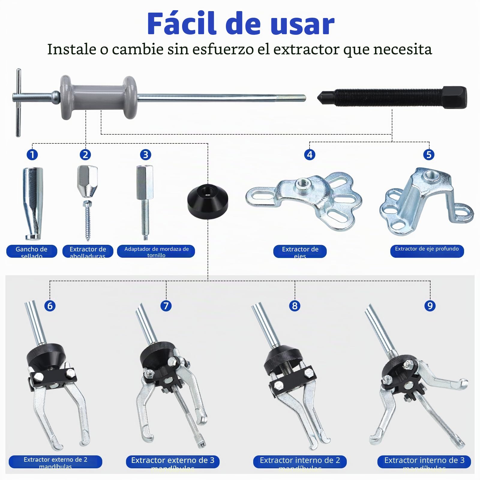 FreeTec 9 en 1 Extractor de Martillo Inercia, Extractor Bujes y Rodamientos con Martillo Deslizante, 2 Tams. Extractores Buje, 3 Garras Extractores Rodamientos Internos, Extracción Abolladuras Coche
