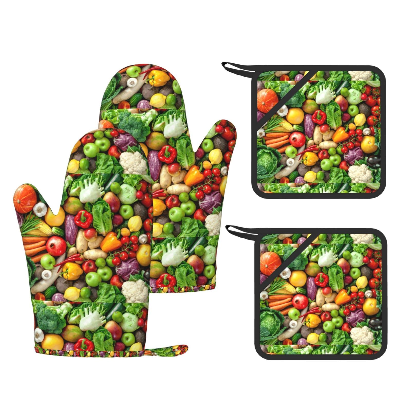 Set di quattro guanti resistenti al calore e presine, guanti da cucina antiscivolo, guanti da forno, con stampa di frutta e verdura fresca.