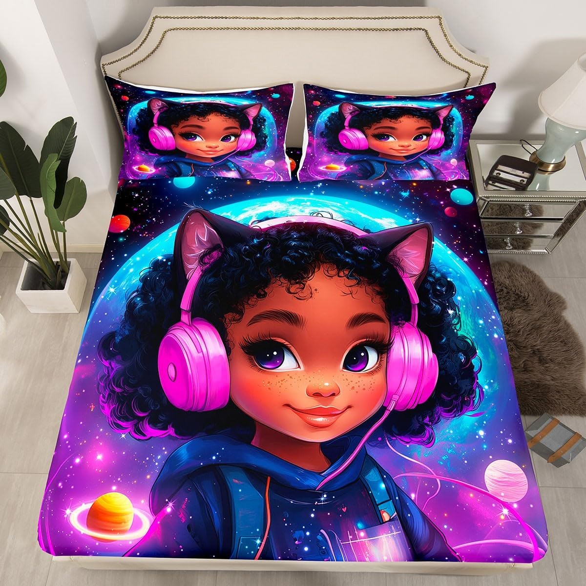 American Style Girl Fitted Sheet Full Size Universe Planets Galaxy Bedding Set 3Pcs(No Flat Sheet) Rock Music Earphone Bed Sheet for Girls Teens Room Decor Dreamy Nebula Deep Pocket Sheet