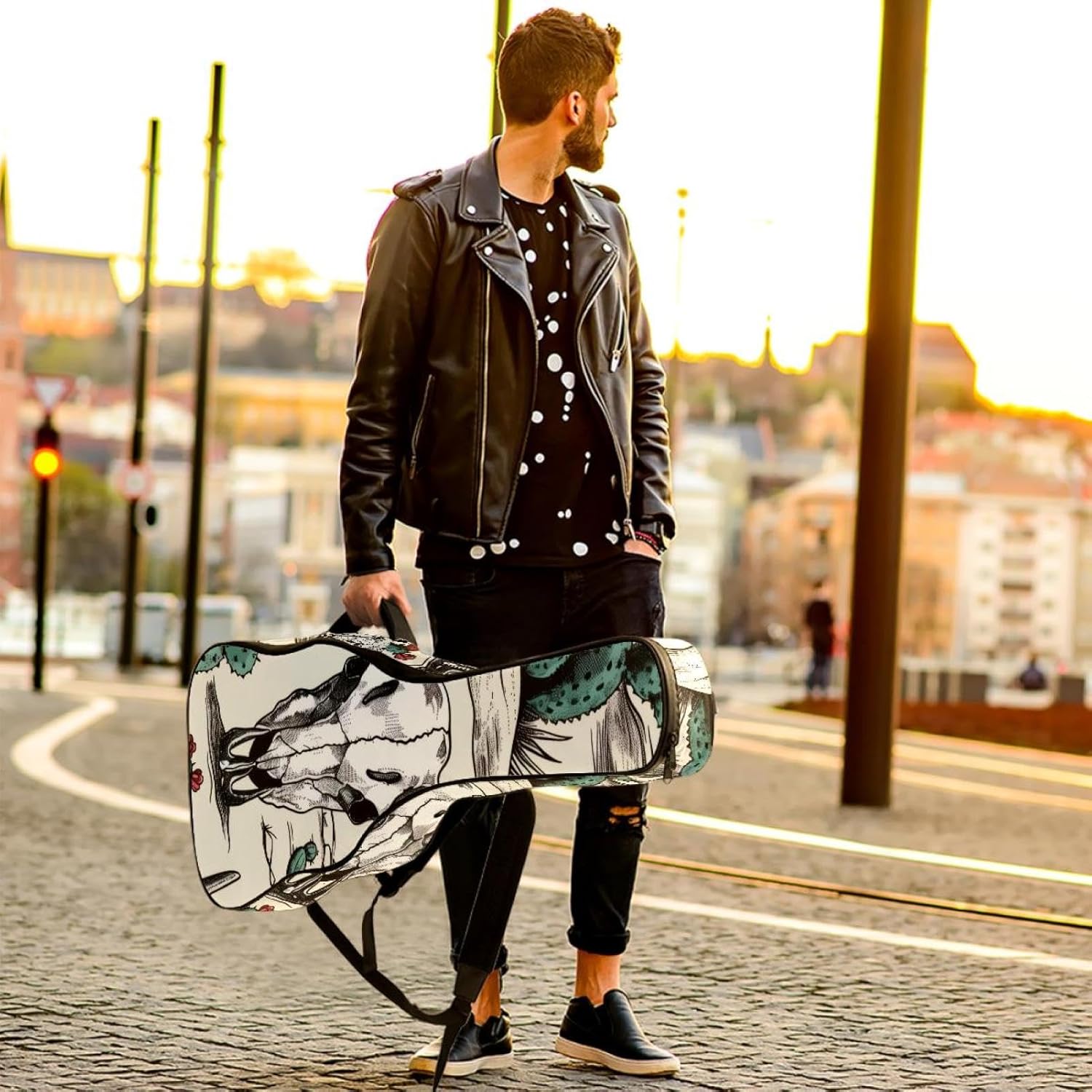 Acoustic Guitar Bag, 40 41 42 Inch Guitar Case Cover Soft Guitar Gig Bag for Acoustic Electric Bass Classical Guitar, Beautiful Cactus and Skull of Bull