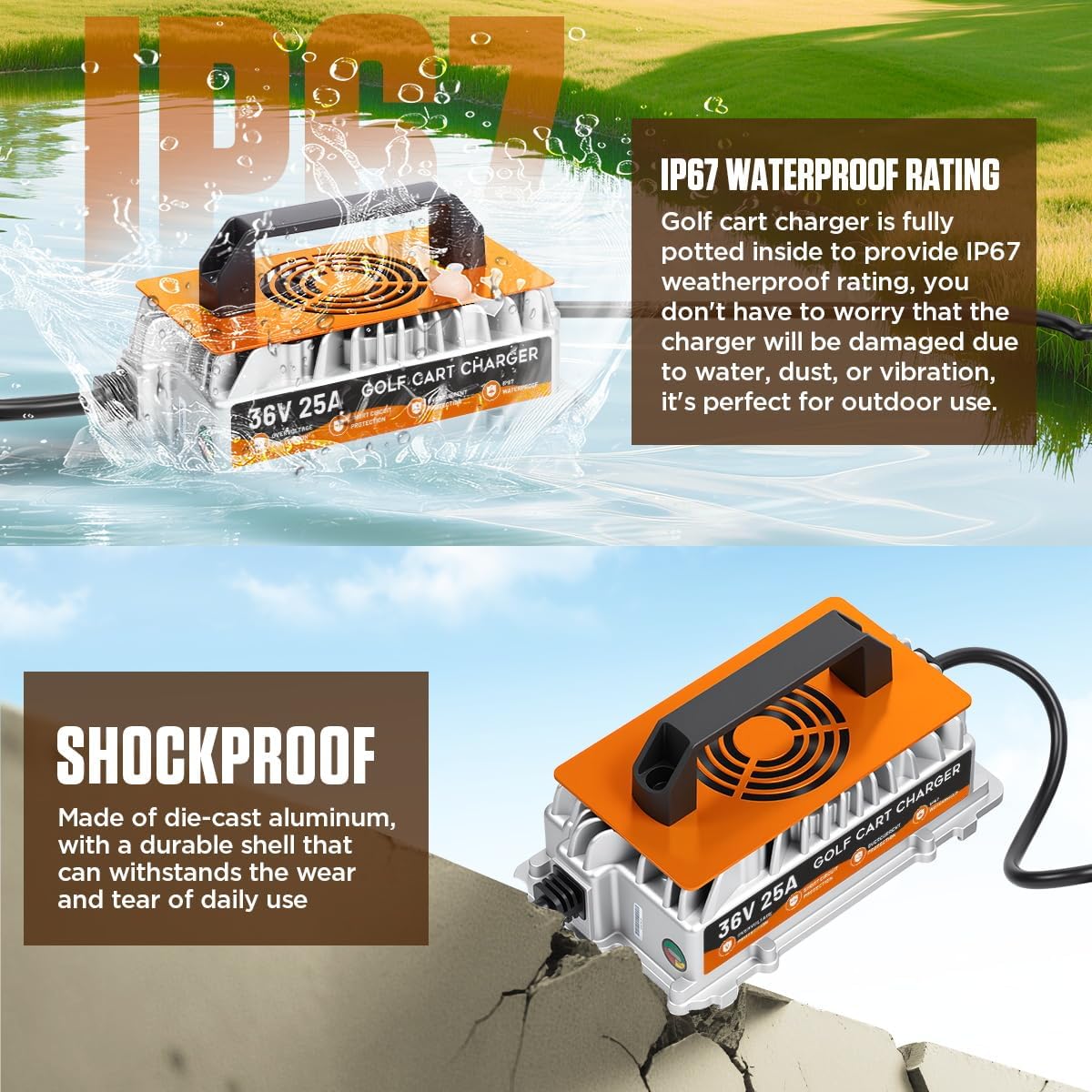 36 Volt Golf Cart Battery Charger, for EZGO/Yamaha/Club Car Battery Charger 36 Volt 25 AMP, IP67 Waterproof Fully Automatic Smart Fast Charging with 16Ft Cable, for Lead-Acid Batteries