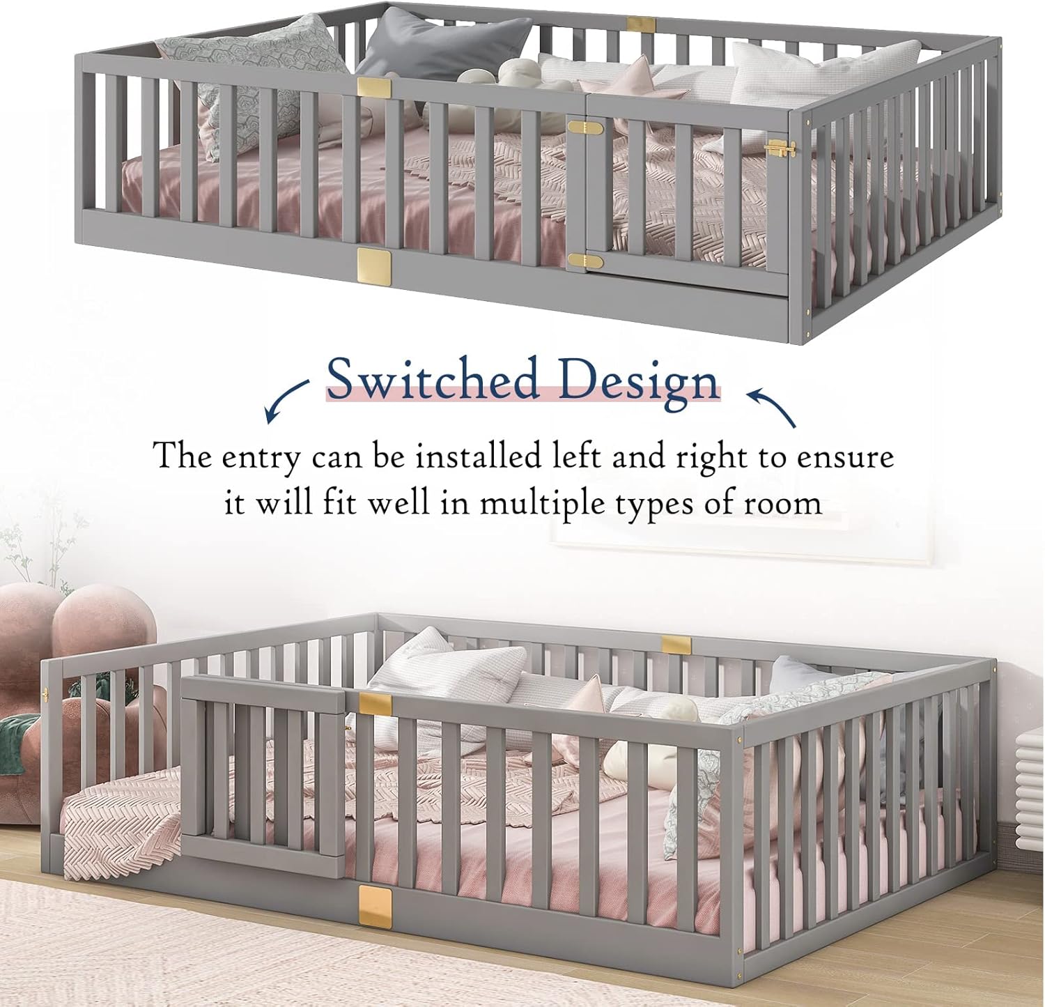 Image showing the reversible door design of the Tatub Full Montessori Floor Bed.
