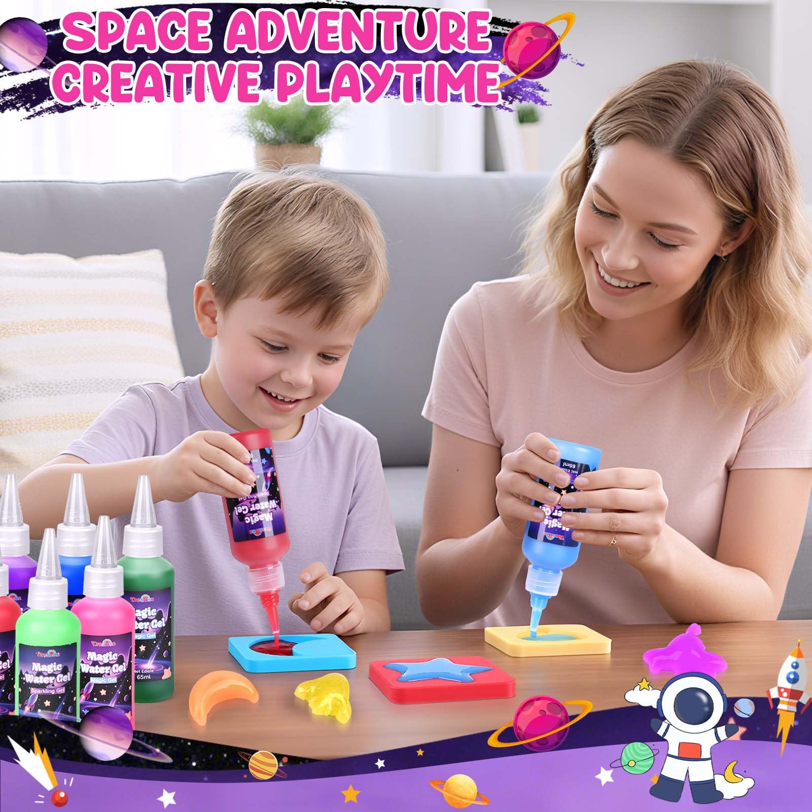 Dreamon Aqua Gel Set Spaziale 53PCS, Kit Creativo per Bambini con 22 Colori di Water Gel e 16 Formine Razzo Stella Luna, Attività Manuale 3D Educativa e Regalo per Bambini 3 4 5 6 Anni