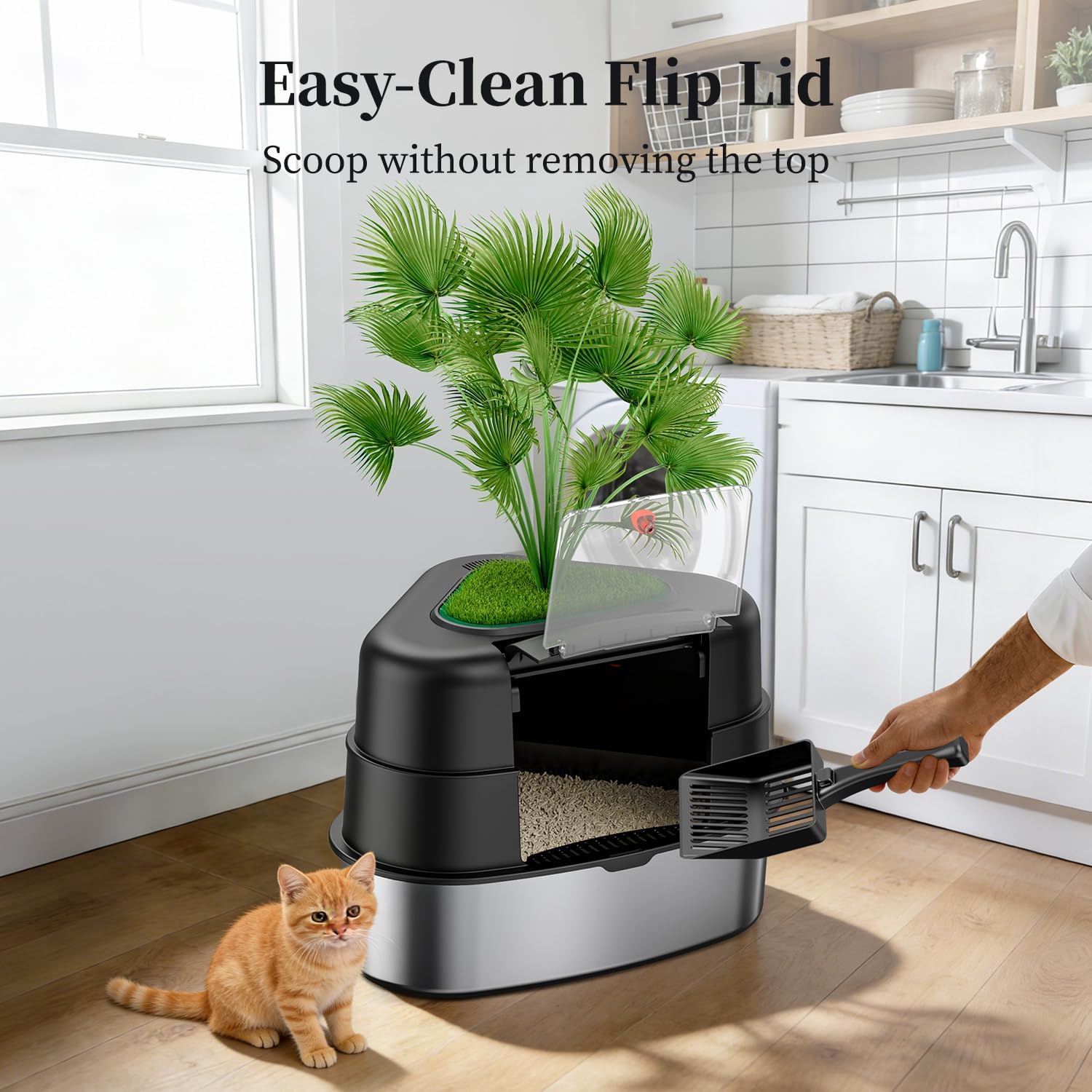 XXL Stainless Steel Corner Cat Litter Box with Lid, Enclosed Hidden Plant Litter Box with Artificial Plant, Easy-Clean Covered Decorative Litter Box for Large Cats, Black