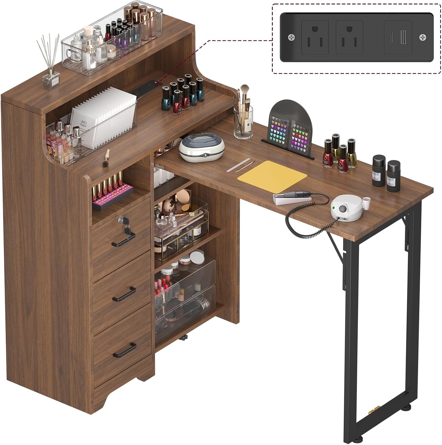 Nail Desk for Nail Tech, L Shape Foldable Manicure Table with Cabinet Drawer & Built-in Charging Station, Portable Nail Table for Beauty Salon Workstation (Brown)