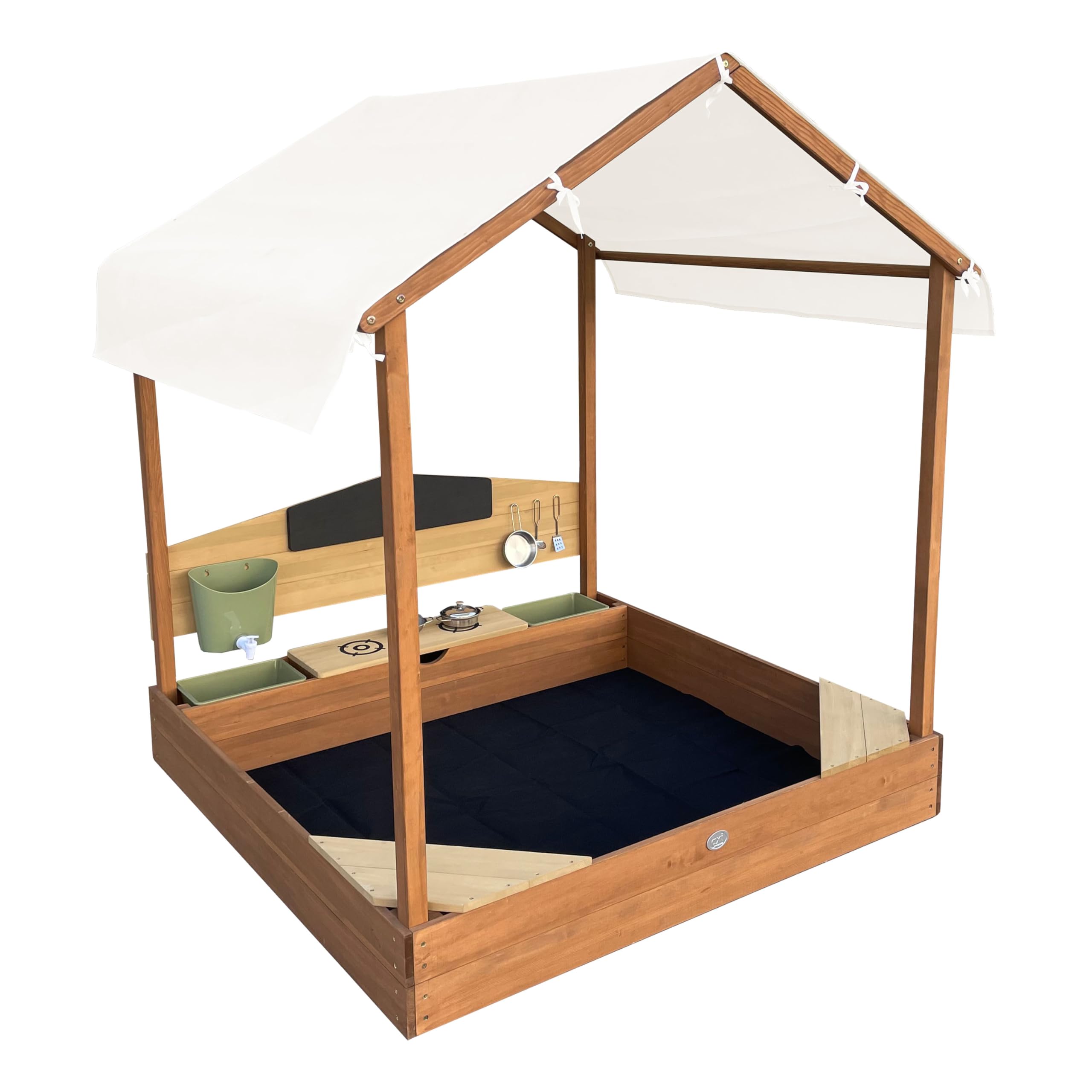 AXI Meli Sabbiera e casetta da gioco in legno con cucina e tettuccio - Marrone | Con lavagna, serbatoio per l'acqua e set da 6 pezzi | Con rivestimento e copertura protettiva | 120 x 120 x 144,5 cm