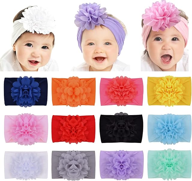 12pcs Baby Girls Nylon Headbands Chiffon Flower Hair Bows Elastic Hair Band Hair Accessories for Newborn Infants Kids