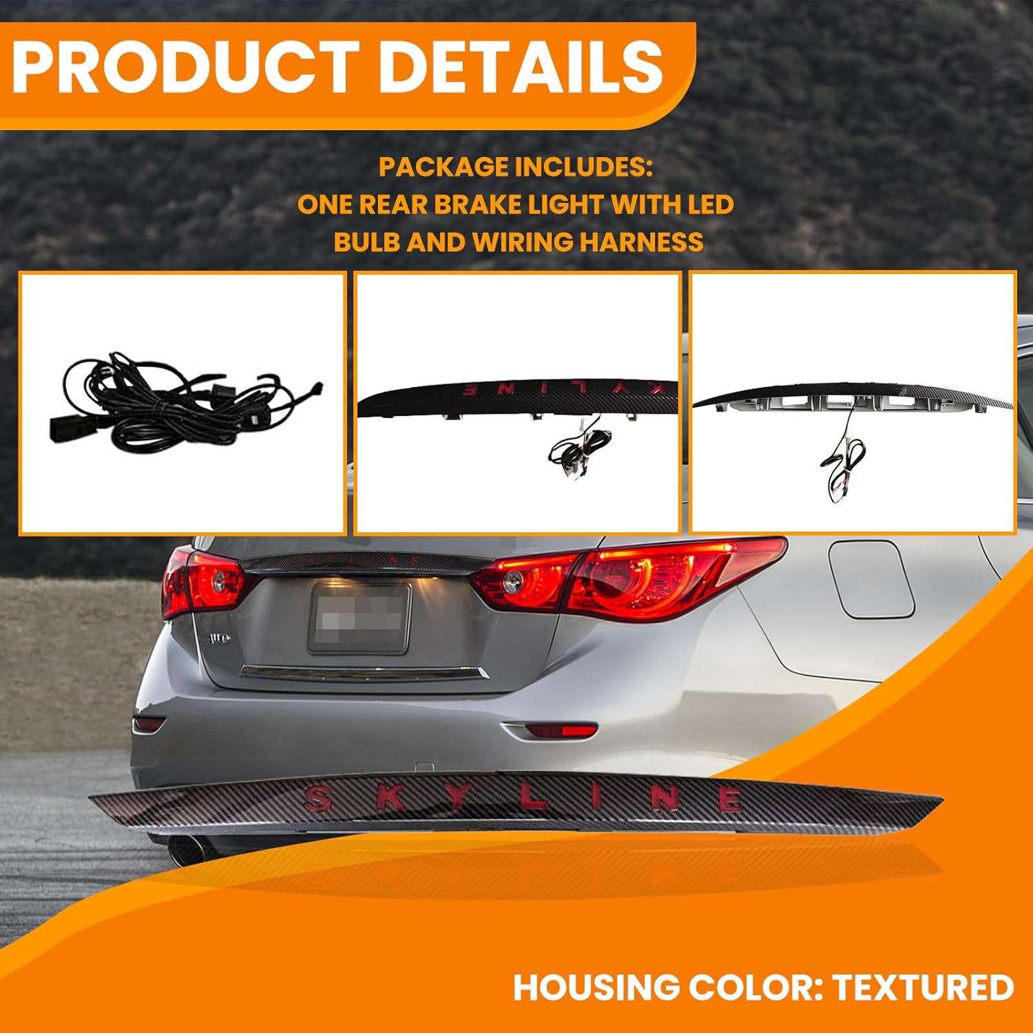 YLT AUTO Exterior Body-Through Reverse Taillight Housing Trunk LED Dynamic Breathing Signal Brake Light with Bulb and Harness Textured Trim Replacement Kit for 2014-2017 INFINITI Q50