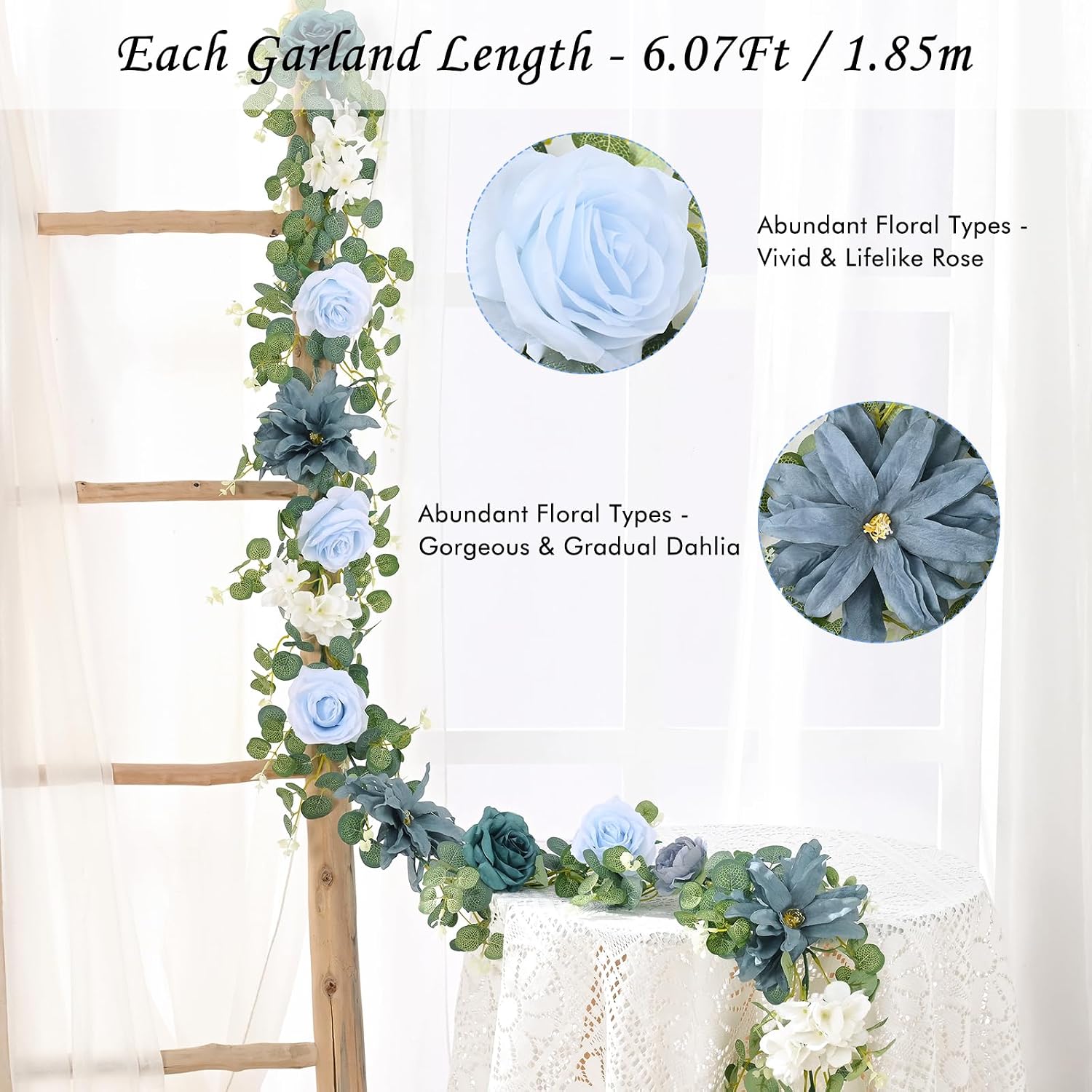 waipfaru 6.07ft artificial eucalyptus garland with flowers - wedding table decorations, floral rose for centerpieces, backdrop wall flower vines, room decor (dusty blue) dusty blue-6.07ft 1 pack