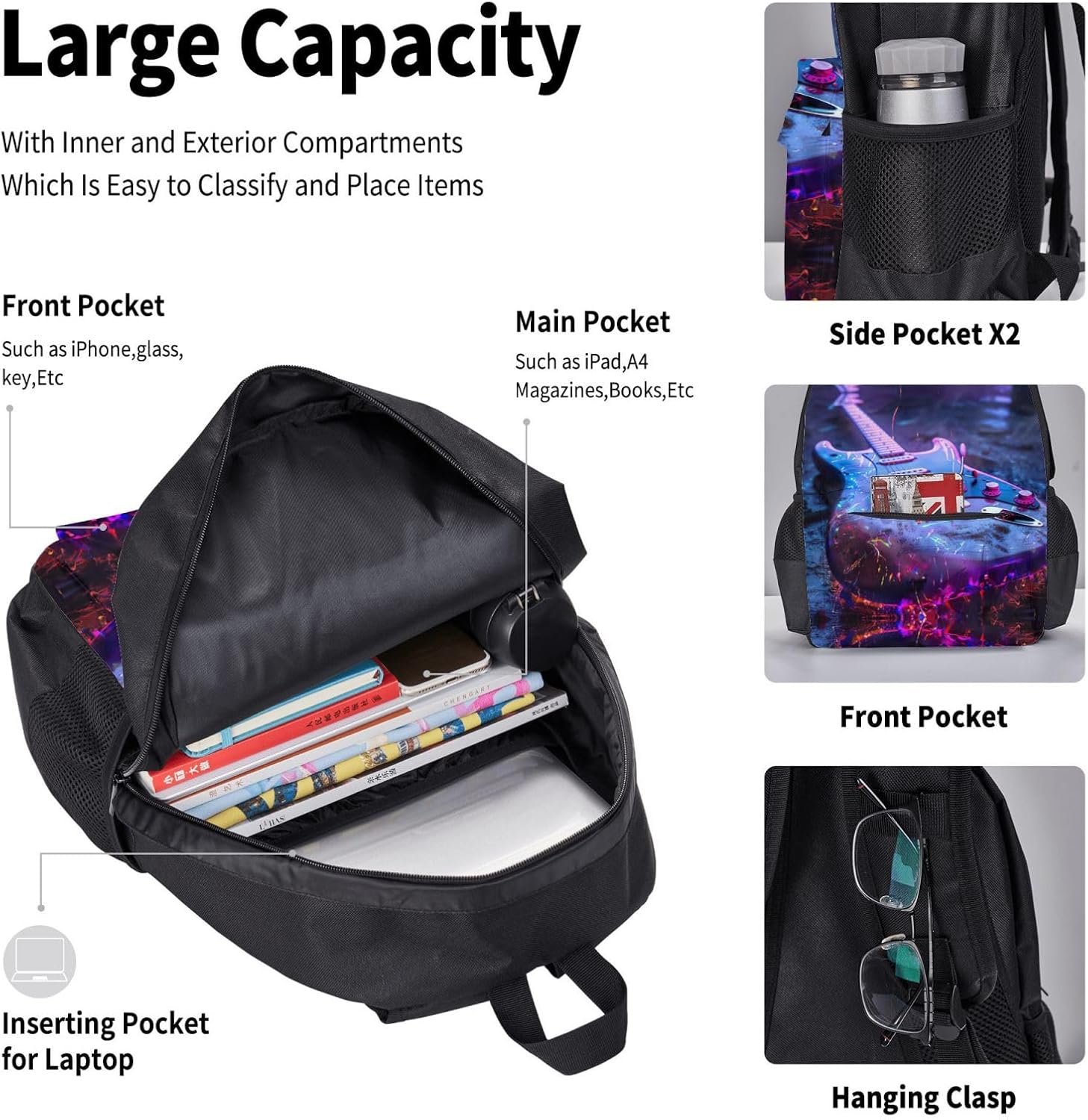 Nice Guitar Backpack With Lunch Box 3 In 1 Set With Pencil Case, Large Capacity Backpack With Chest Strap