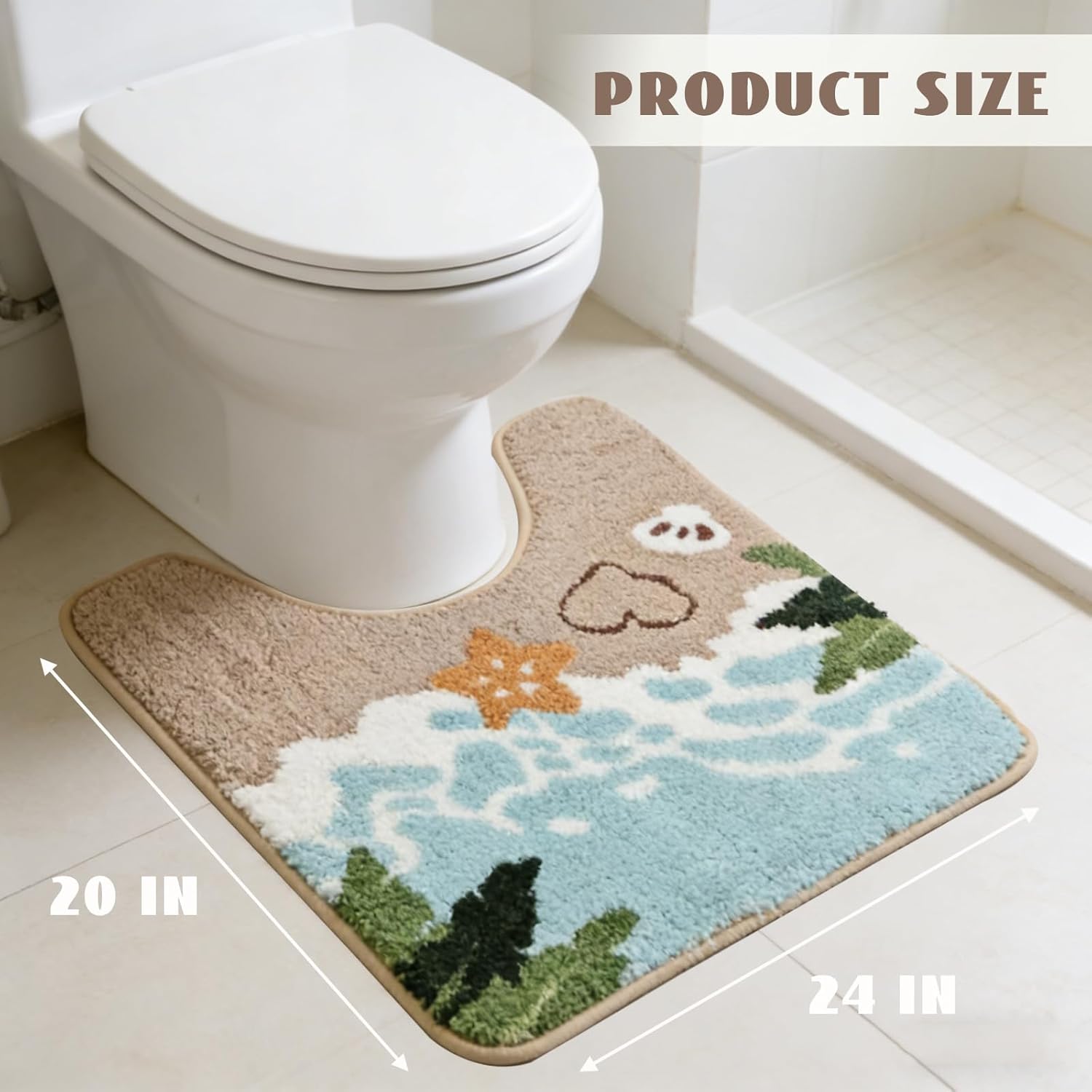 U Shaped Beach Toilet Rug, Wave Sand Footprint Toilet Floor Mat, Machine Washable Plush Fleece Coastal Bath Mat, Bathroom Rugs Non Slip for Shower Bathtub Bedroom, 24x20 inches (Beach 2)