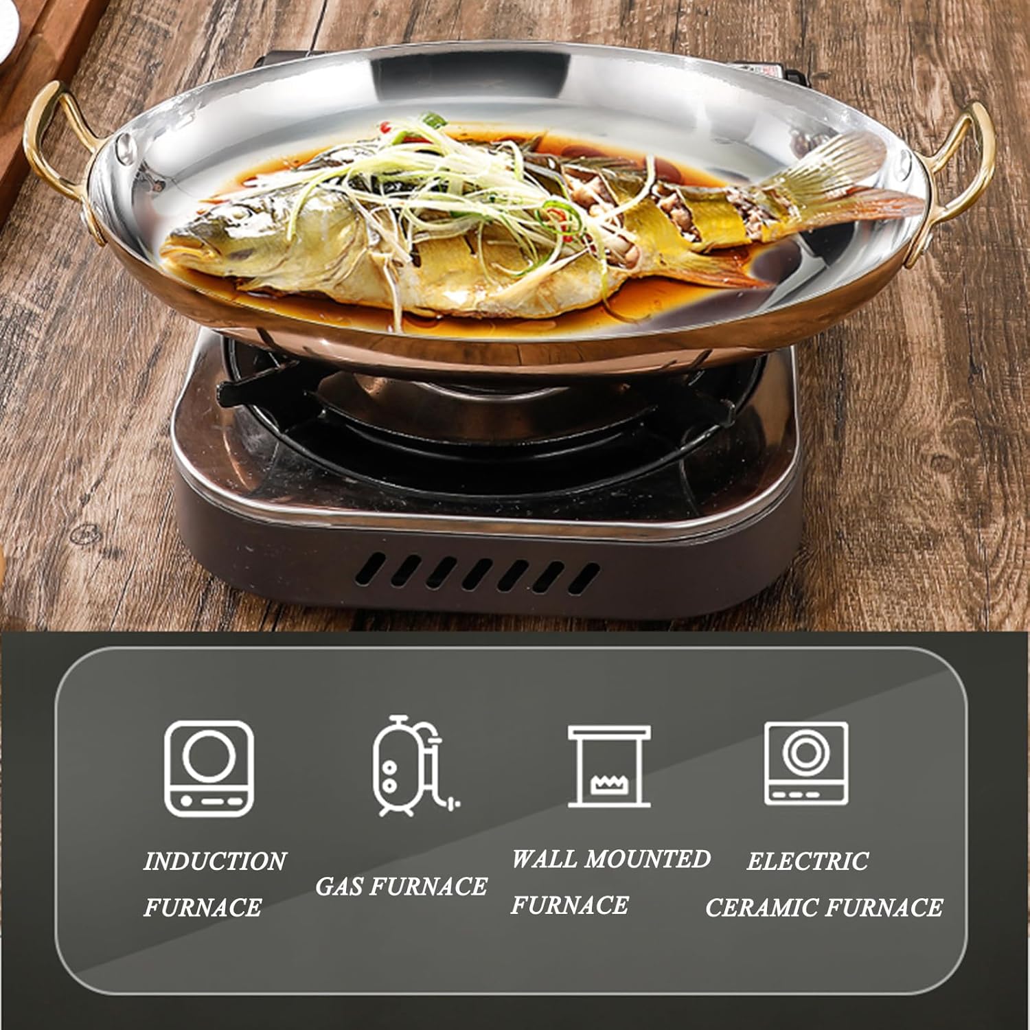 Stainless Steel Oval Platter Fish Plate Appetizer Dish Spanish Paella Cooking Pan with Double Handle 25/30/35/40cm Steaming Fish Plate Lobster Tray Bowl for Dessert Meat Sushi (Gold 30CM)
