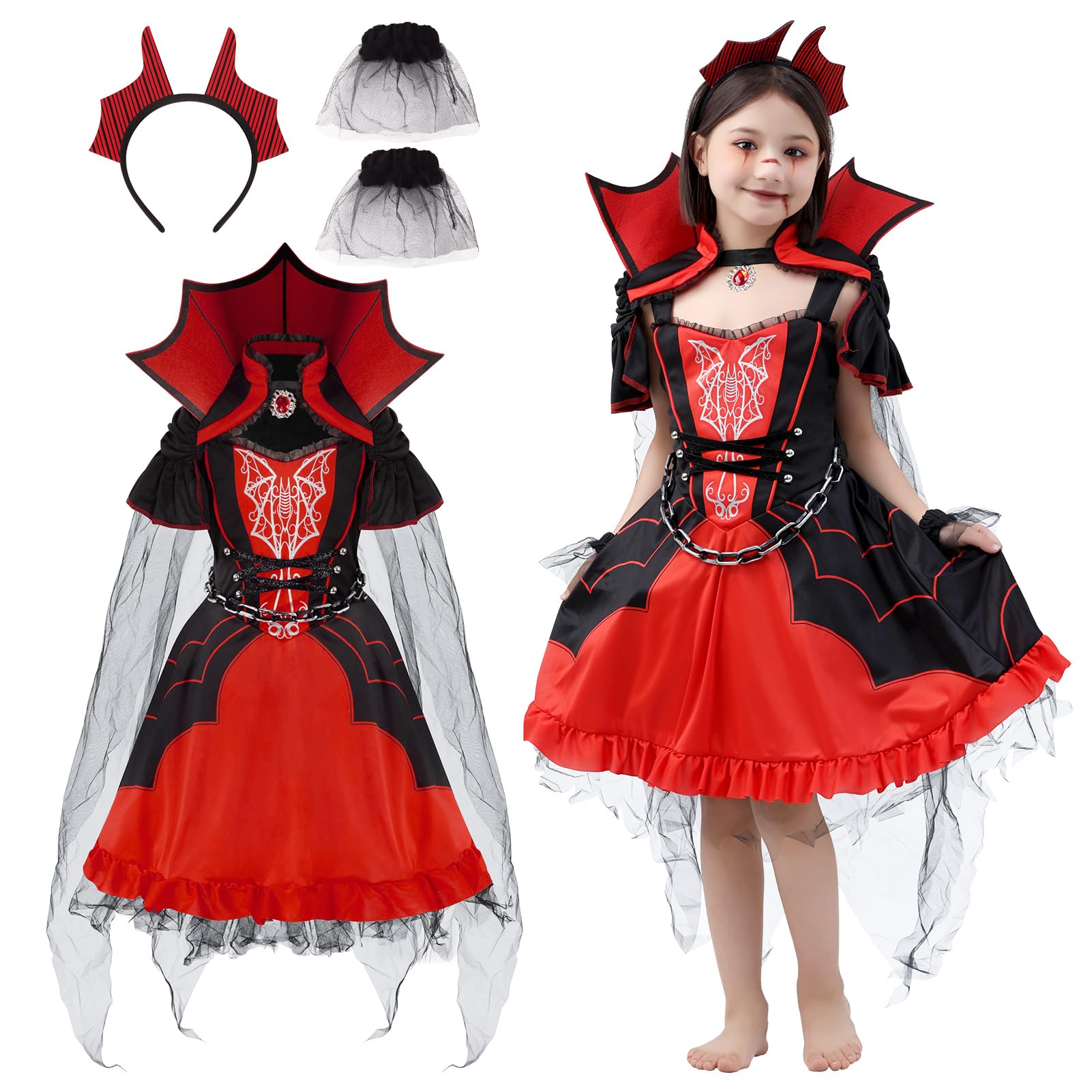 DIIQII Halloween Vampire Costume for Girls: Scary Vampire Dress Up Outfit - Vampiress Queen Costume for Themed Parties Halloween Cosplay